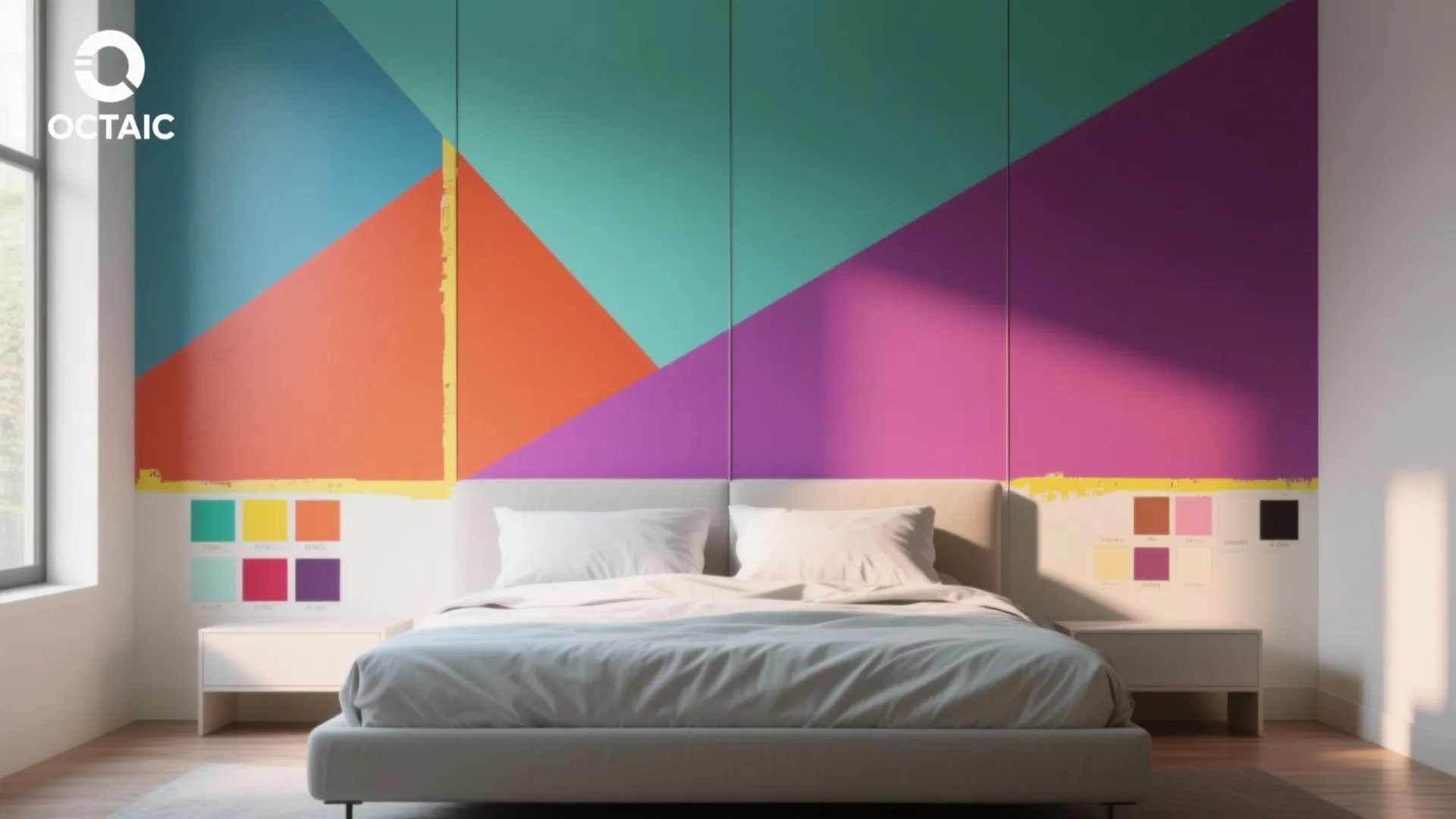 Bedroom with bold painted geometric half-panels behind the bed, showing sharp color blocks.
