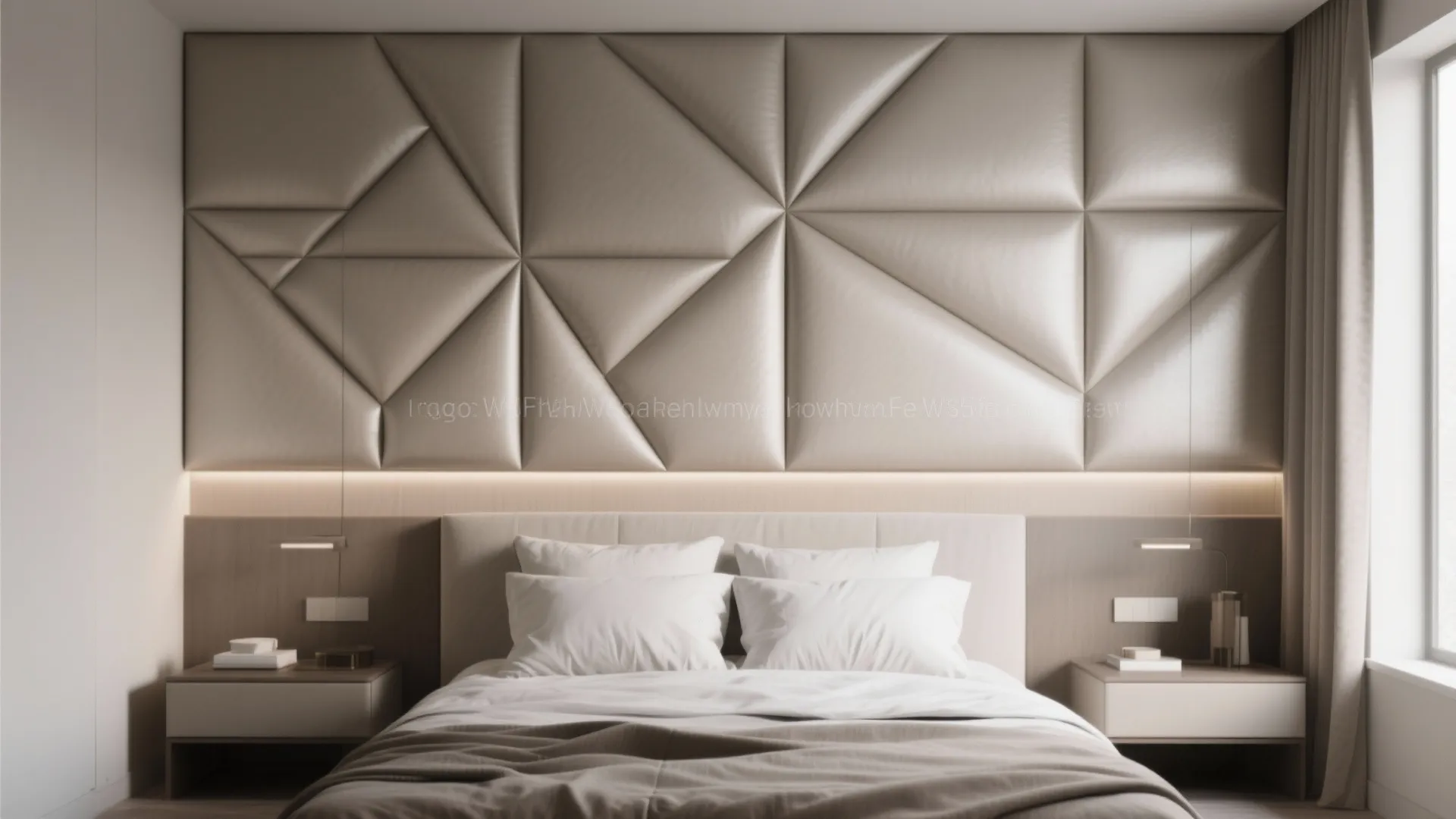 Contemporary bedroom with geometric beige wall panel behind a bed flanked by two bedside tables