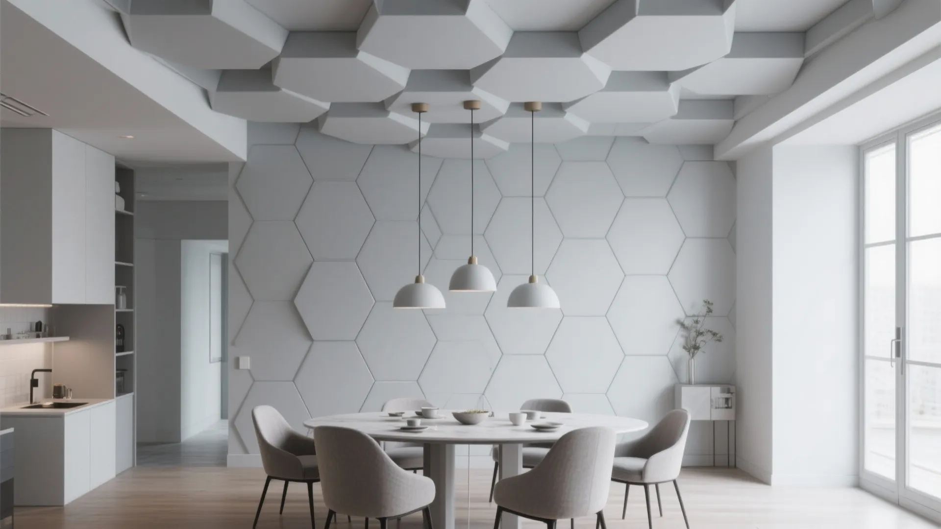 Dining room with modern geometric grey false ceiling panels