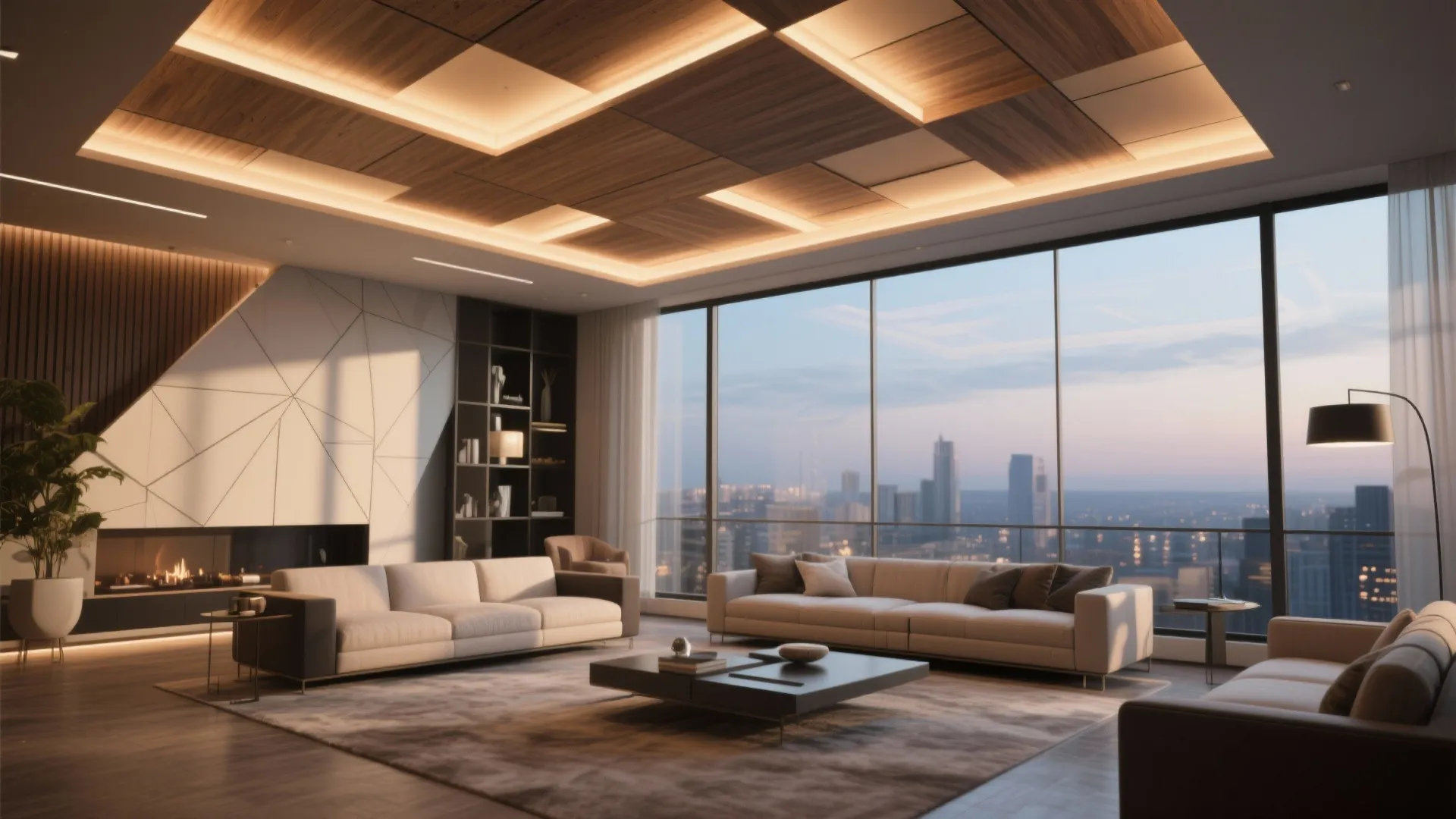 Luxury living room with wood ceiling panels and large windows overlooking a city at sunset