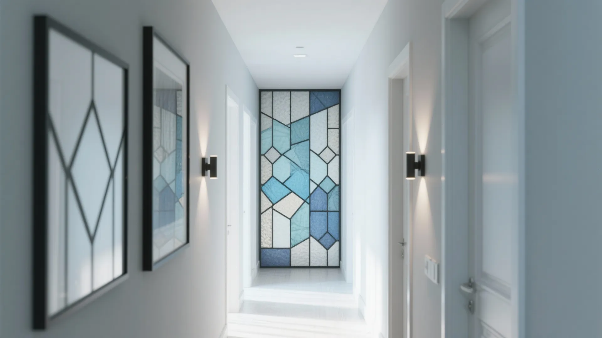 Bright white hallway featuring blue geometric glass wall panel with small black wall light fixtures side