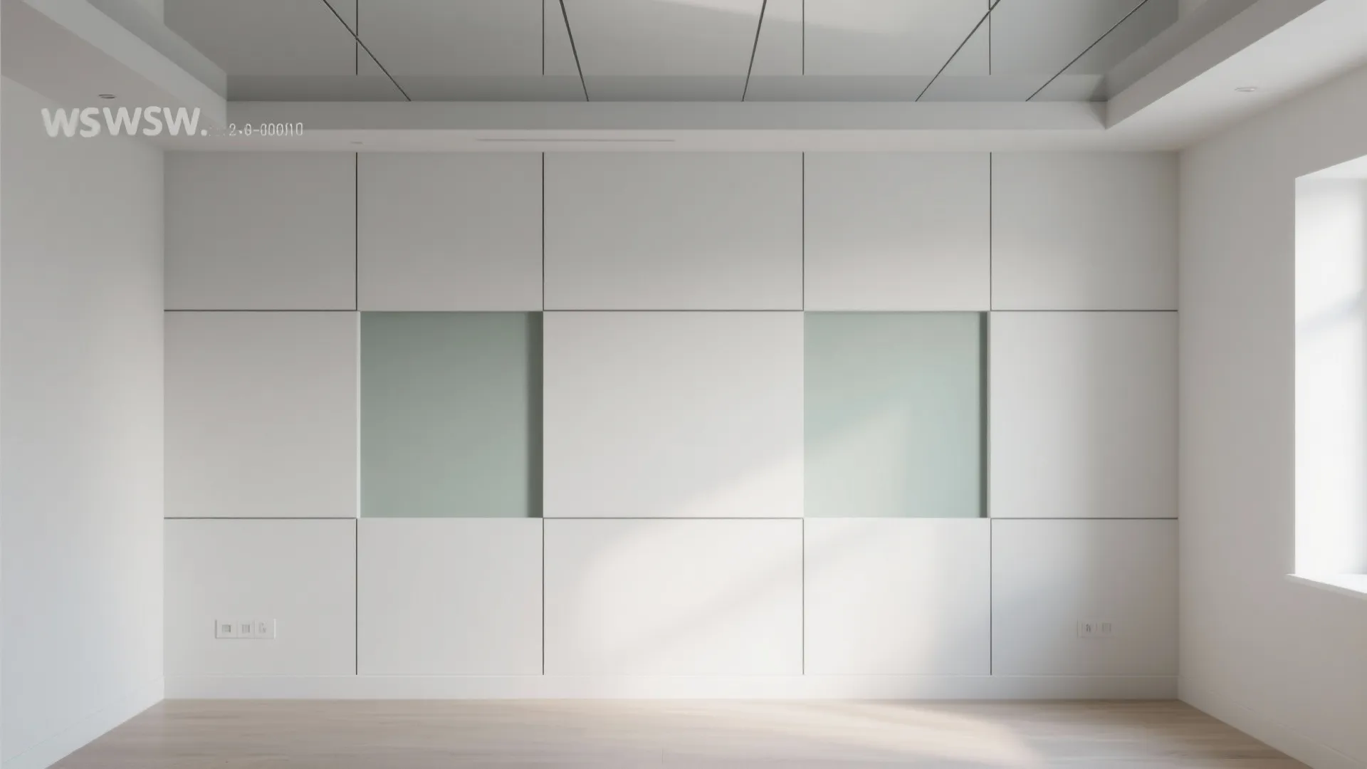 Thin POP battens forming geometric rectangles across a modern flat’s feature wall and ceiling border.