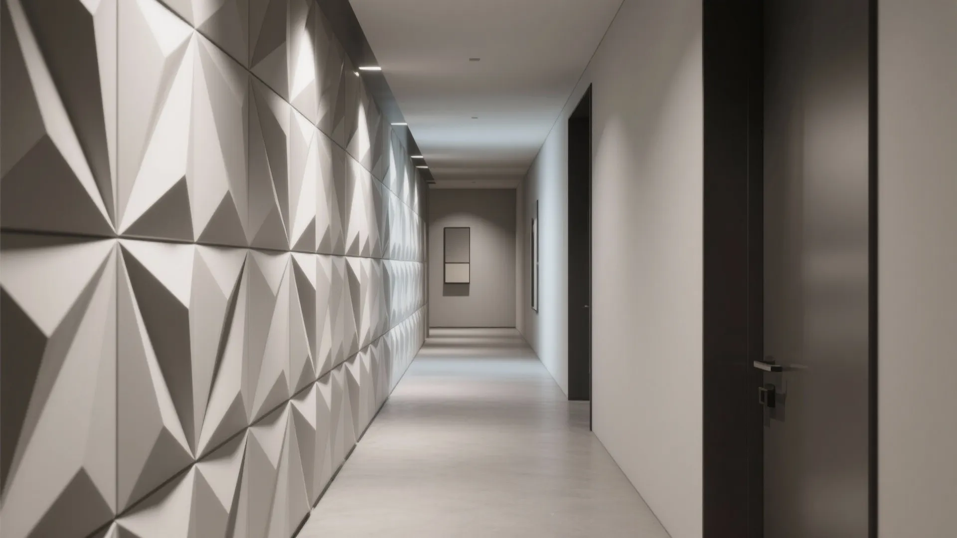 Long hallway with grey floor and white wall featuring 3D geometric triangle pattern wall panels