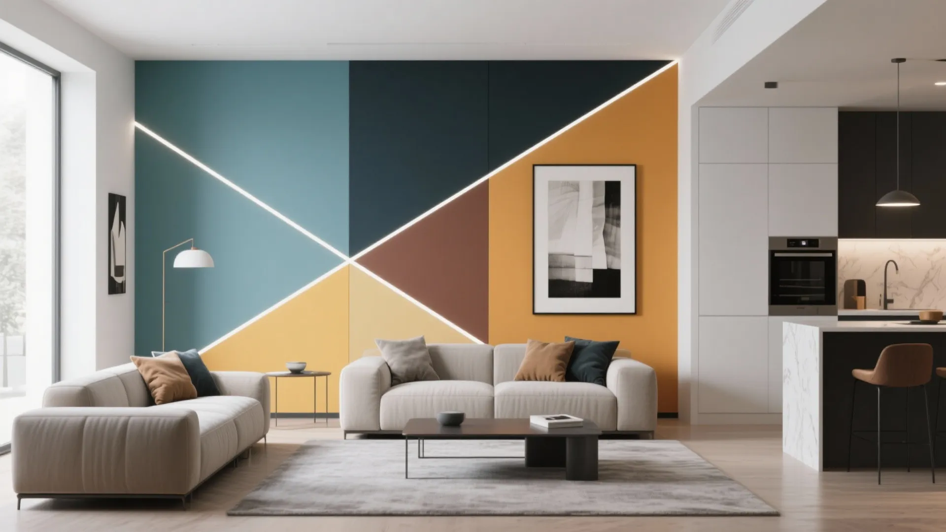 Modern living room with a colorful geometric wall panel sofa coffee table and kitchen view
