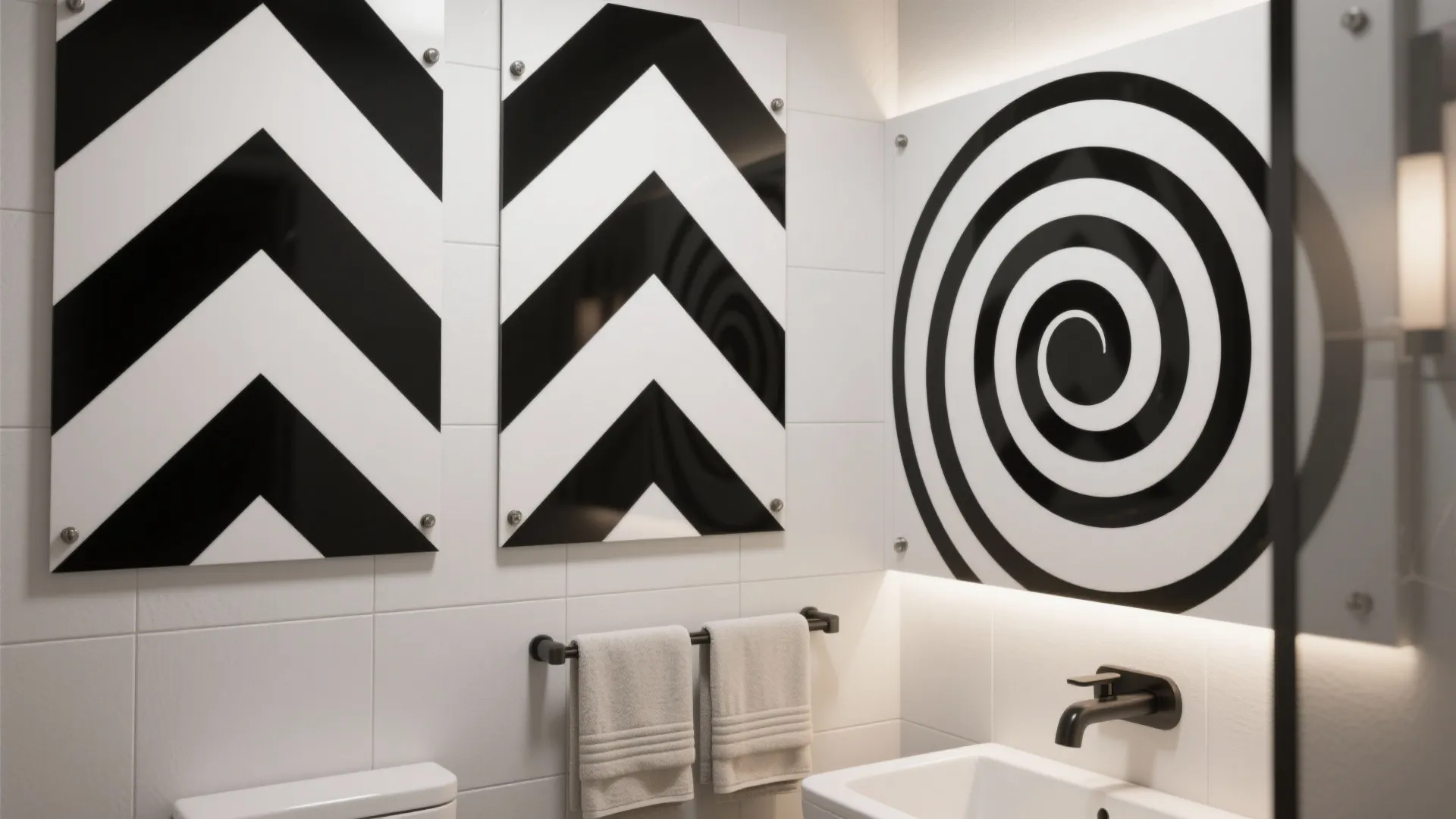 Bathroom interior design featuring black and white geometric wall panels above a white bathroom sink