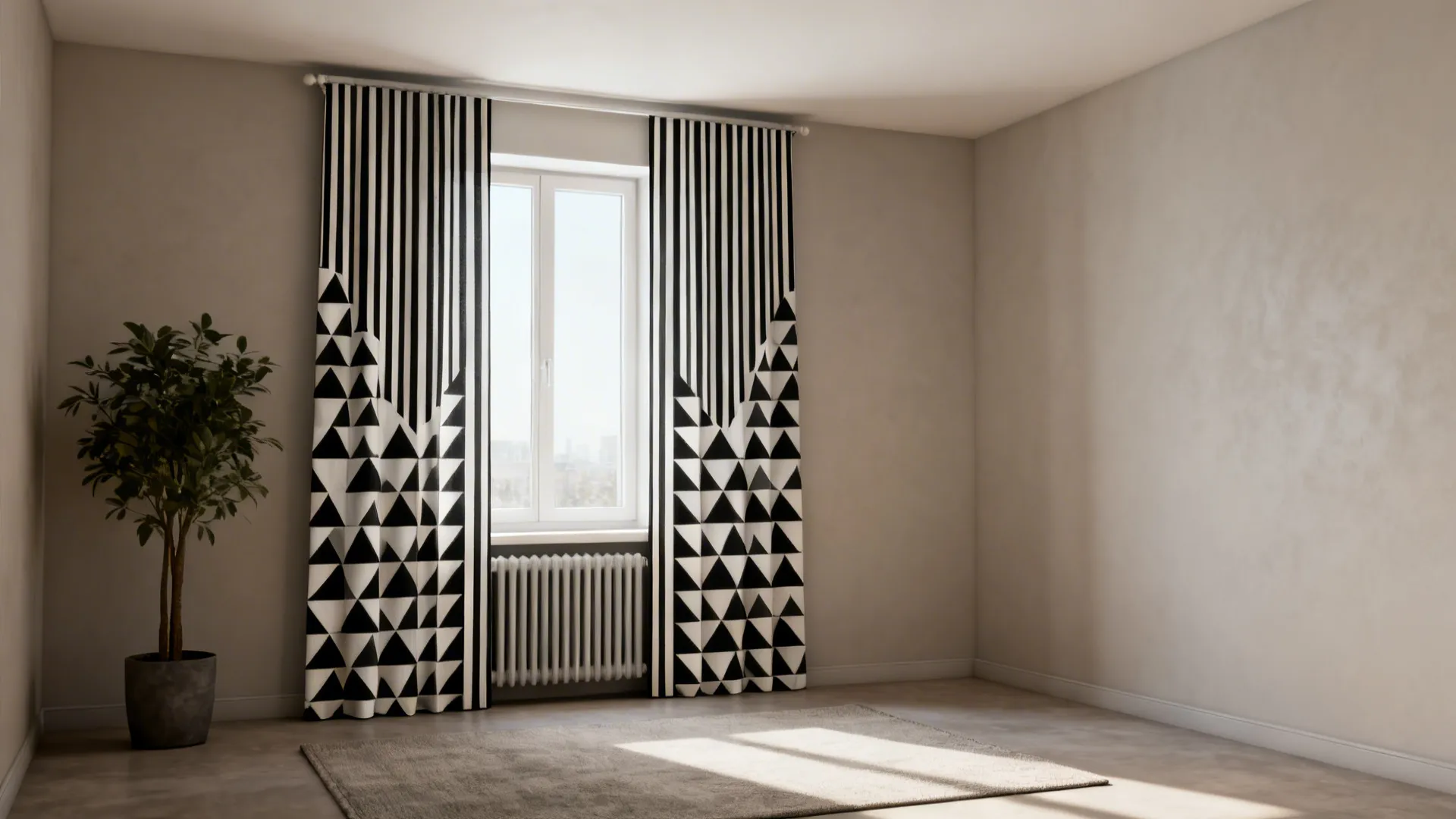 Narrow living room window with tall black-and-white geometric panel curtains and a potted plant