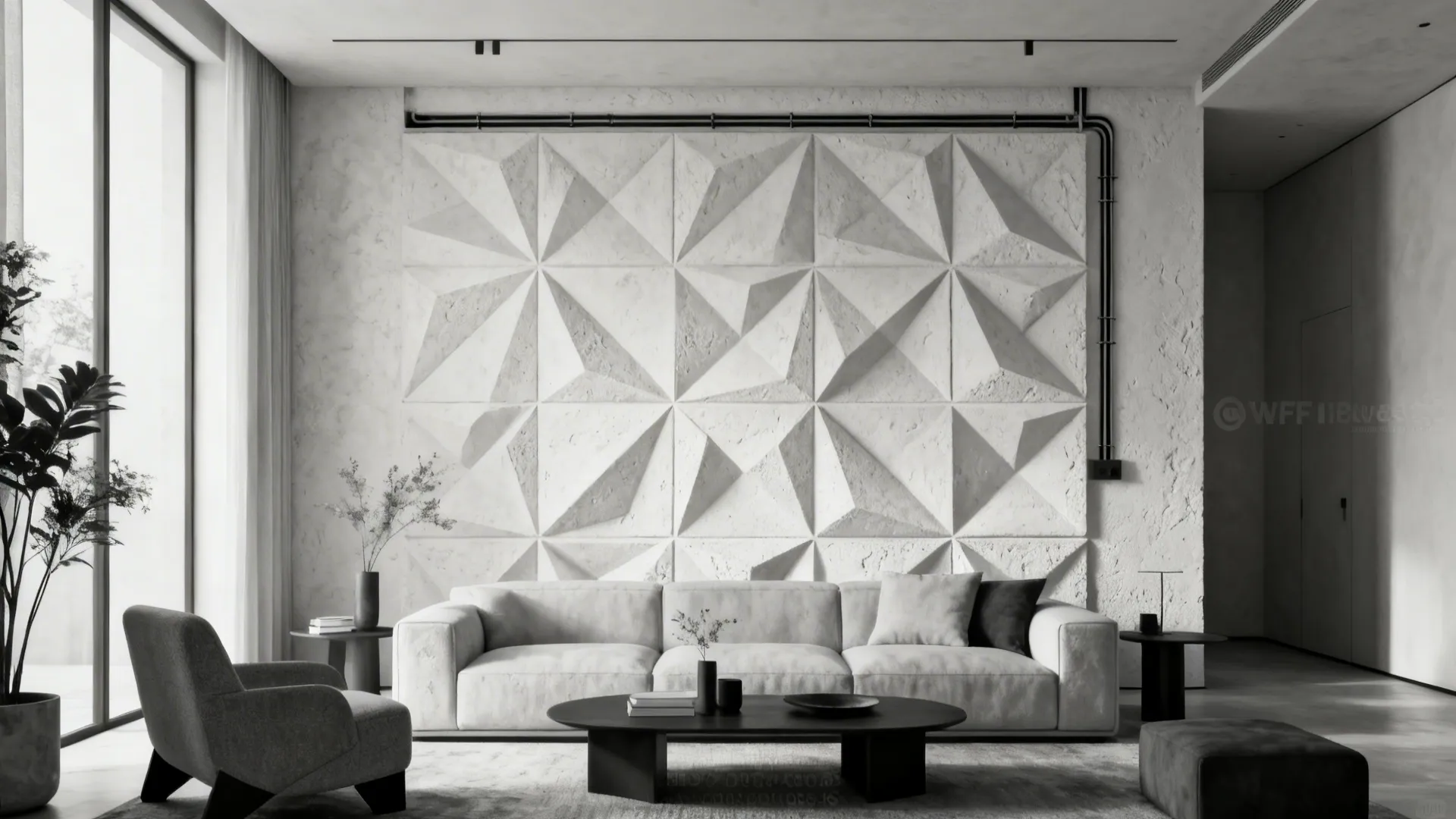 Living room with geometric plaster panels forming a dramatic focal wall behind the sofa