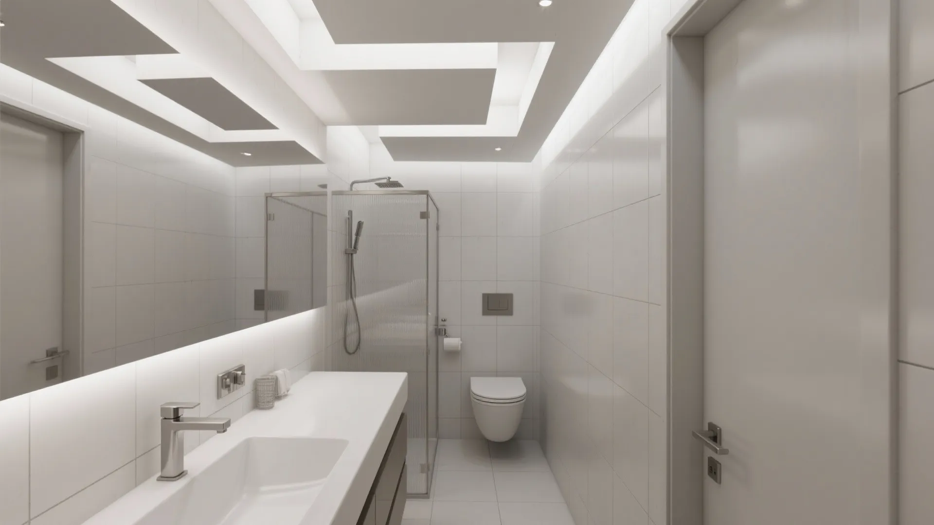 Modern white bathroom with geometric ceiling design glass shower door toilet and long white sink