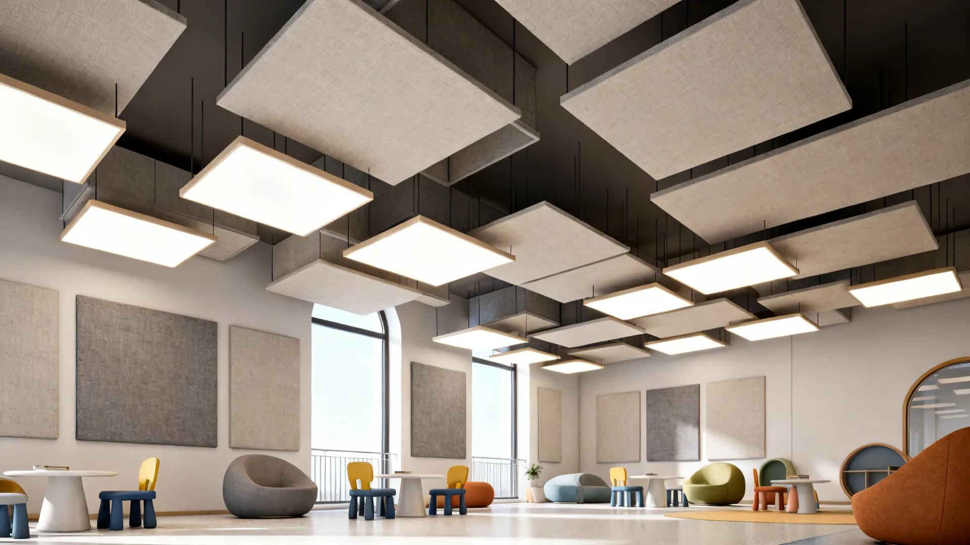 Contemporary living room with layered geometric suspended ceiling panels and integrated lighting.