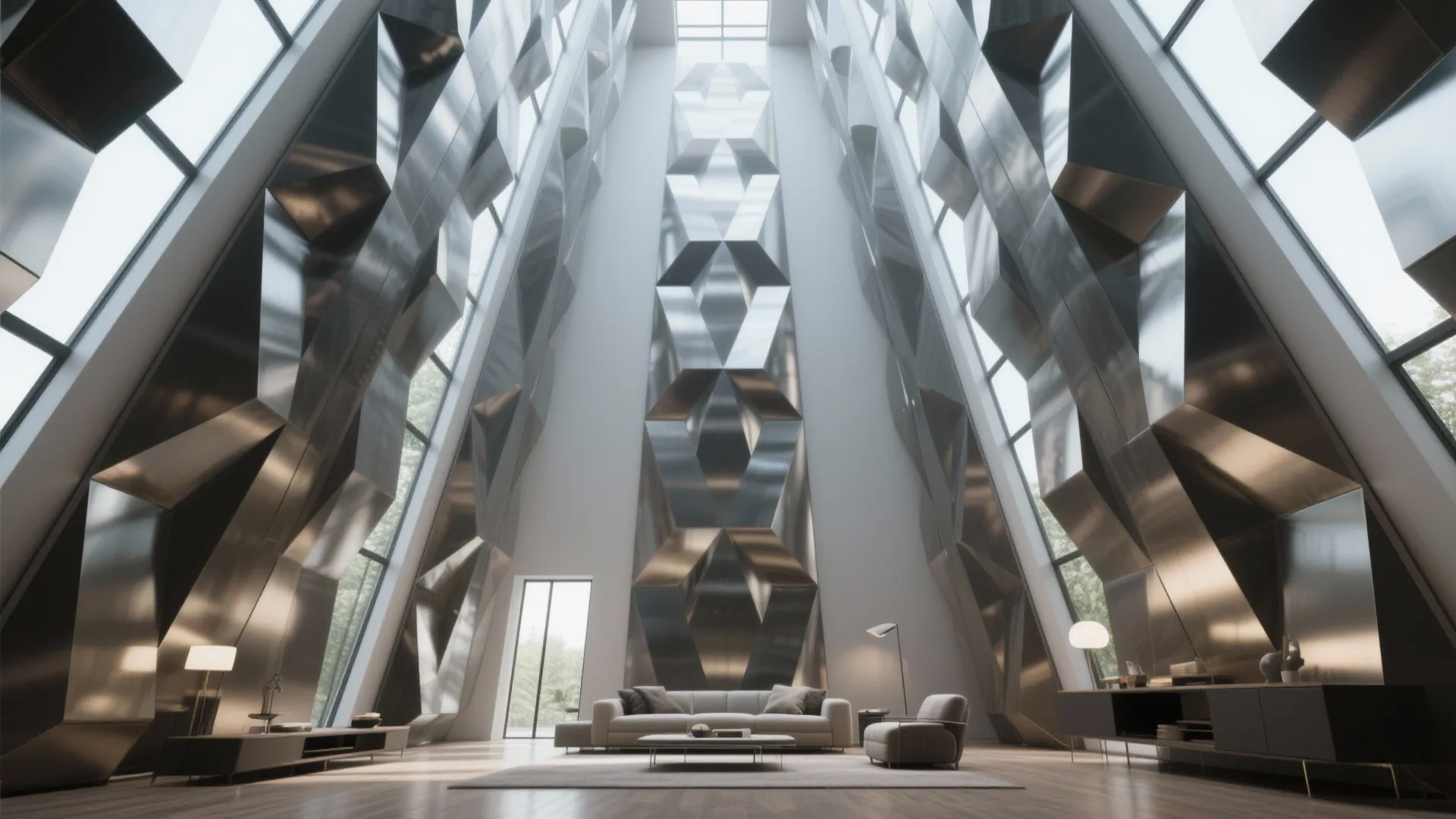 3. Oversized Geometric Panels for High Ceilings