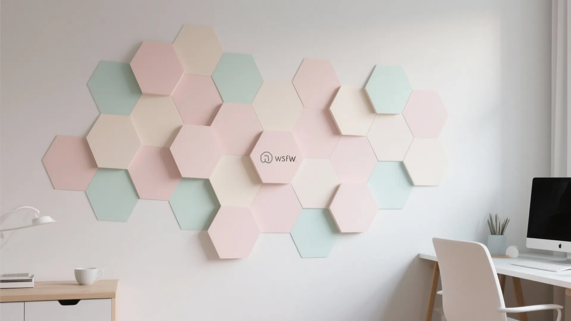 Modern home office workspace with colorful hexagon wall panels above a white desk and computer