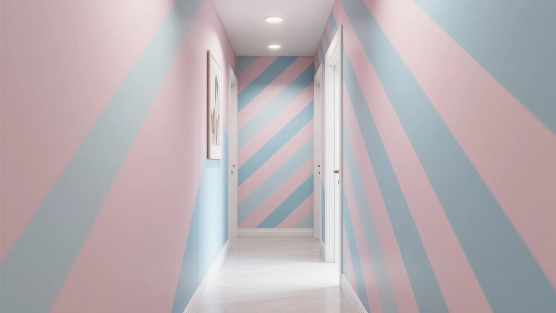 Long hallway with pink and blue diagonal striped wall paint white doors and bright ceiling lights