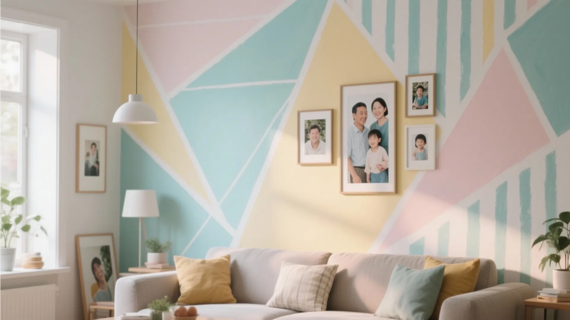 Living room featuring geometric pastel wall paint and family photos above a grey fabric sofa