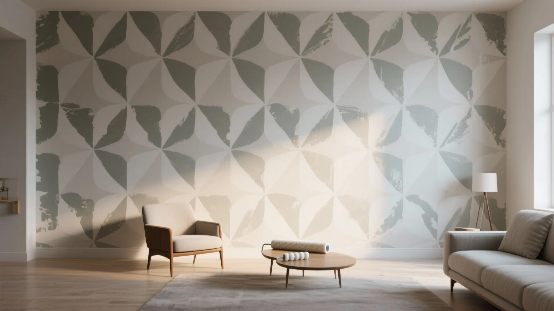 Modern wall with a large repeating geometric stencil pattern, even coverage and aligned rhythm across the surface.