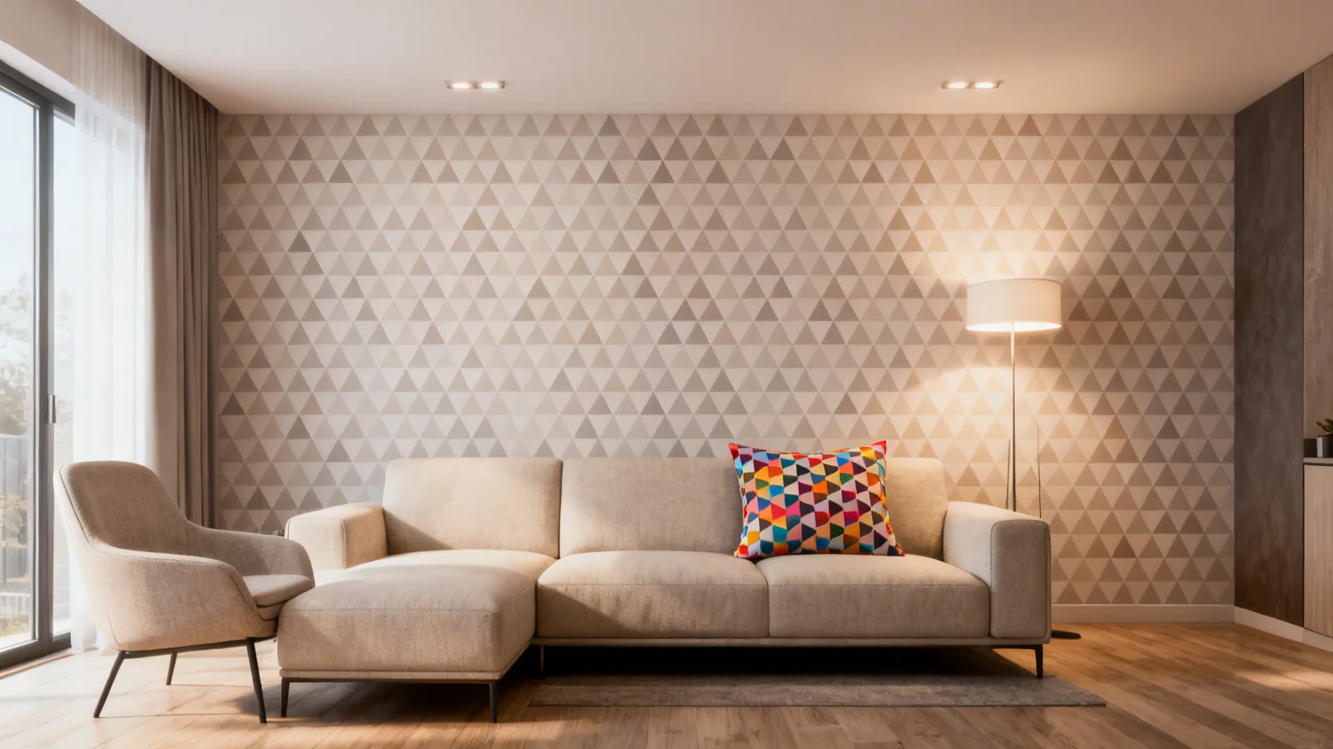 Modern living room with beige sofa colorful pillow geometric triangle wallpaper floor lamp and wood