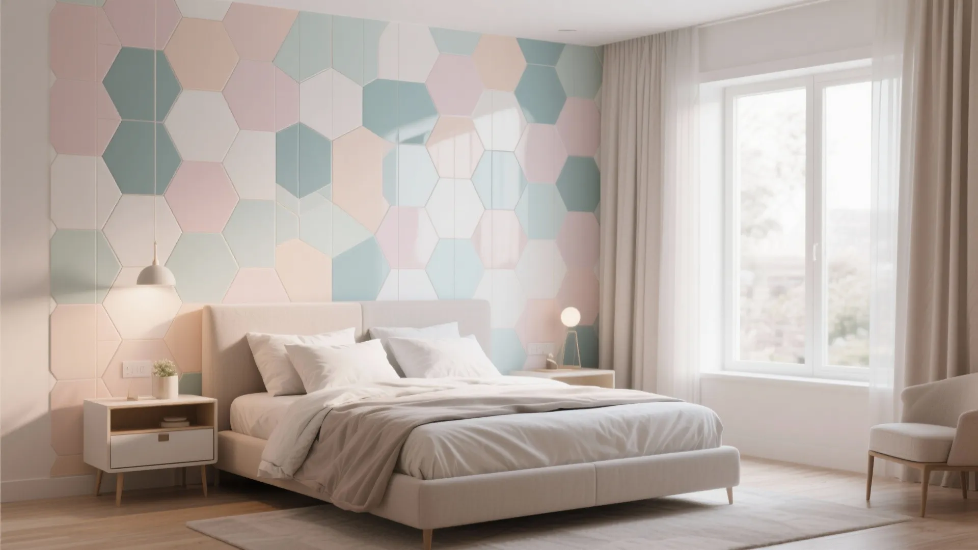 Modern bedroom with colorful hexagon wall tiles white bed and natural light from large windows