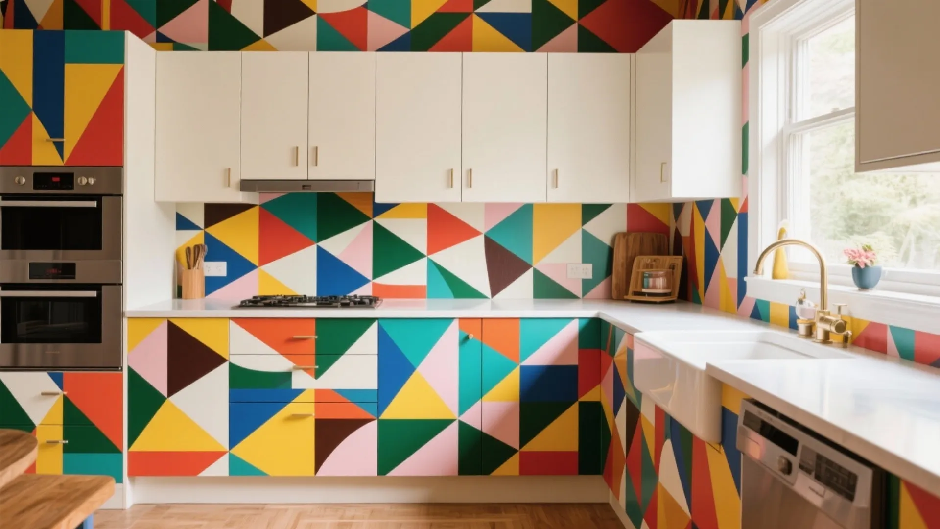 Modern kitchen with colorful geometric pattern wall and cabinet doors featuring red blue and yellow shapes