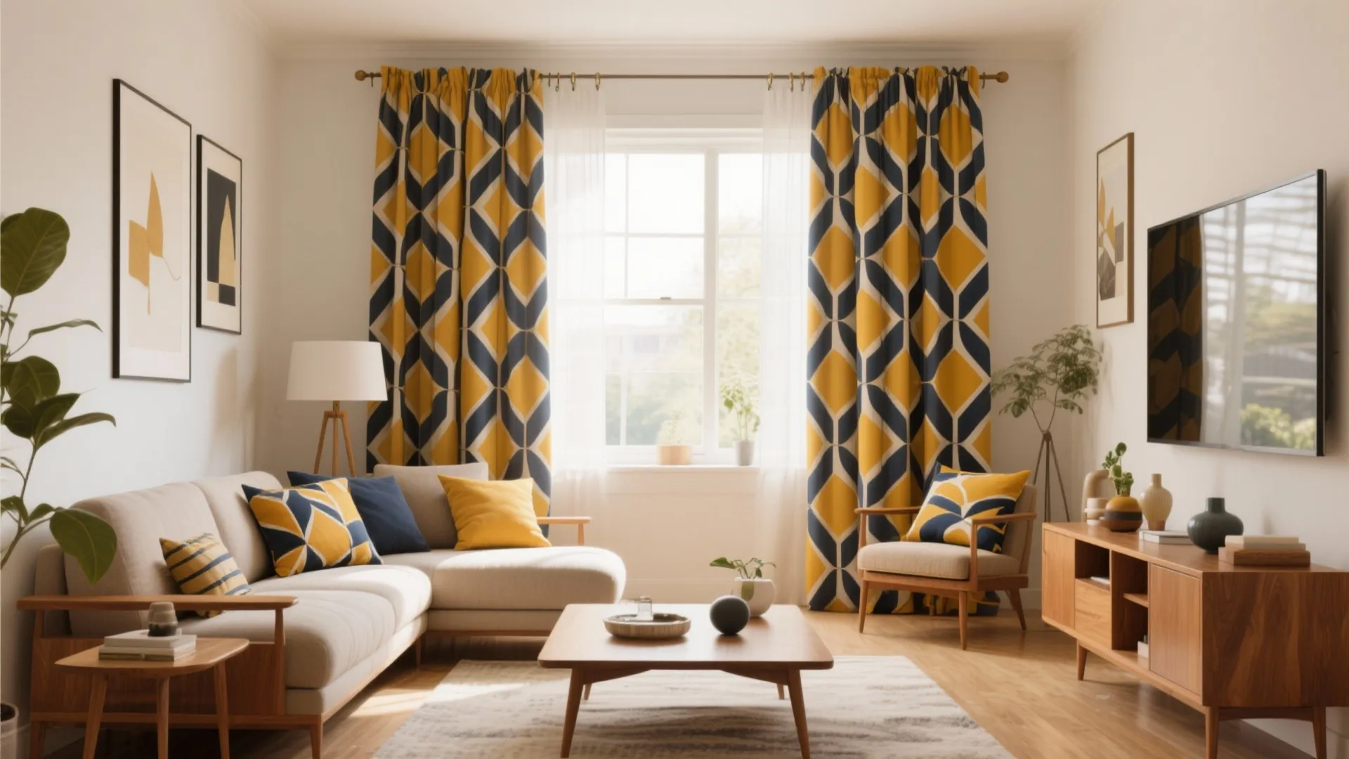 Modern living room featuring yellow and blue geometric curtains white sofa and wooden coffee table