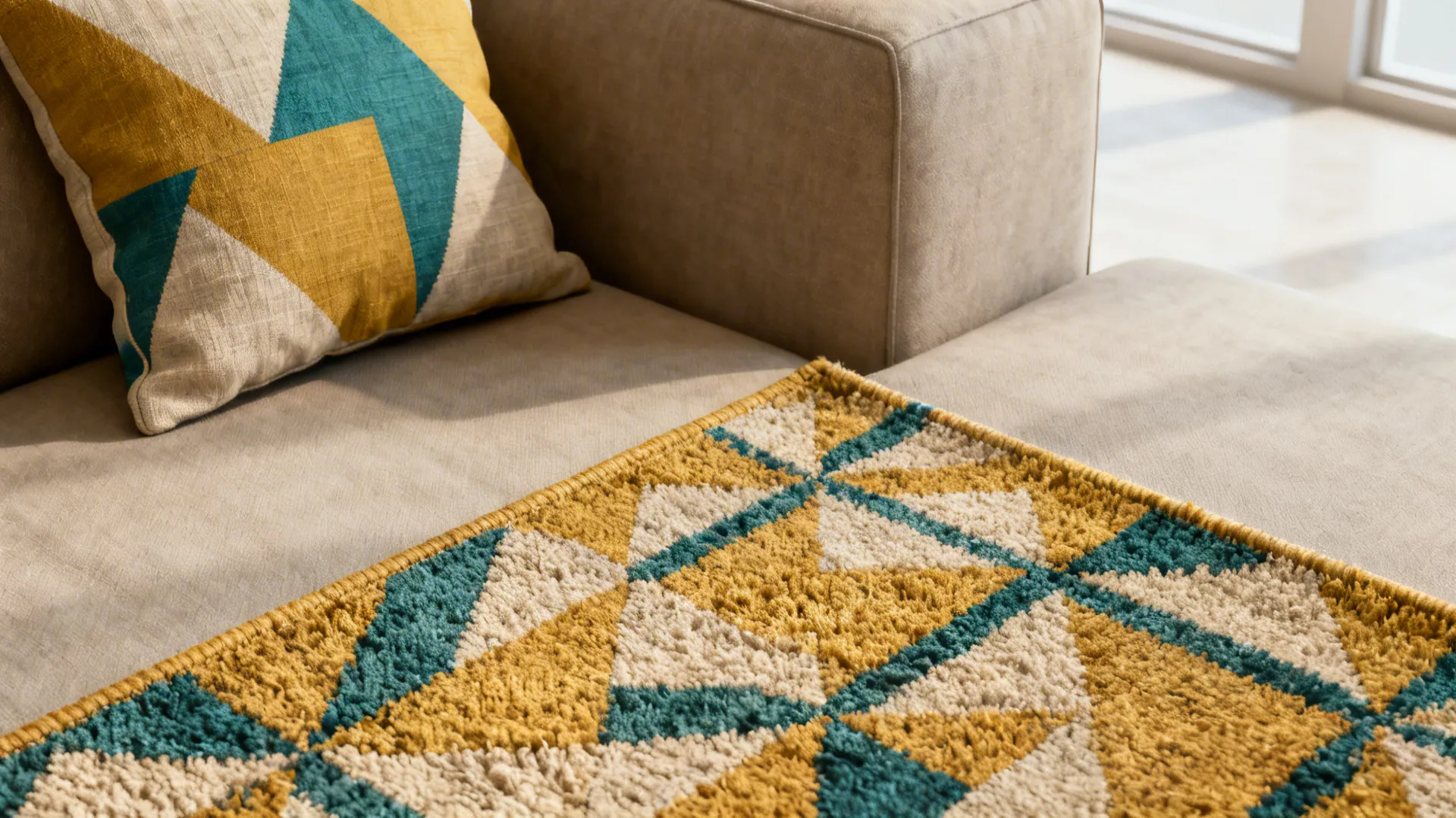 Macro view of a retro geometric rug and cushion pairing in a mid-century living room.