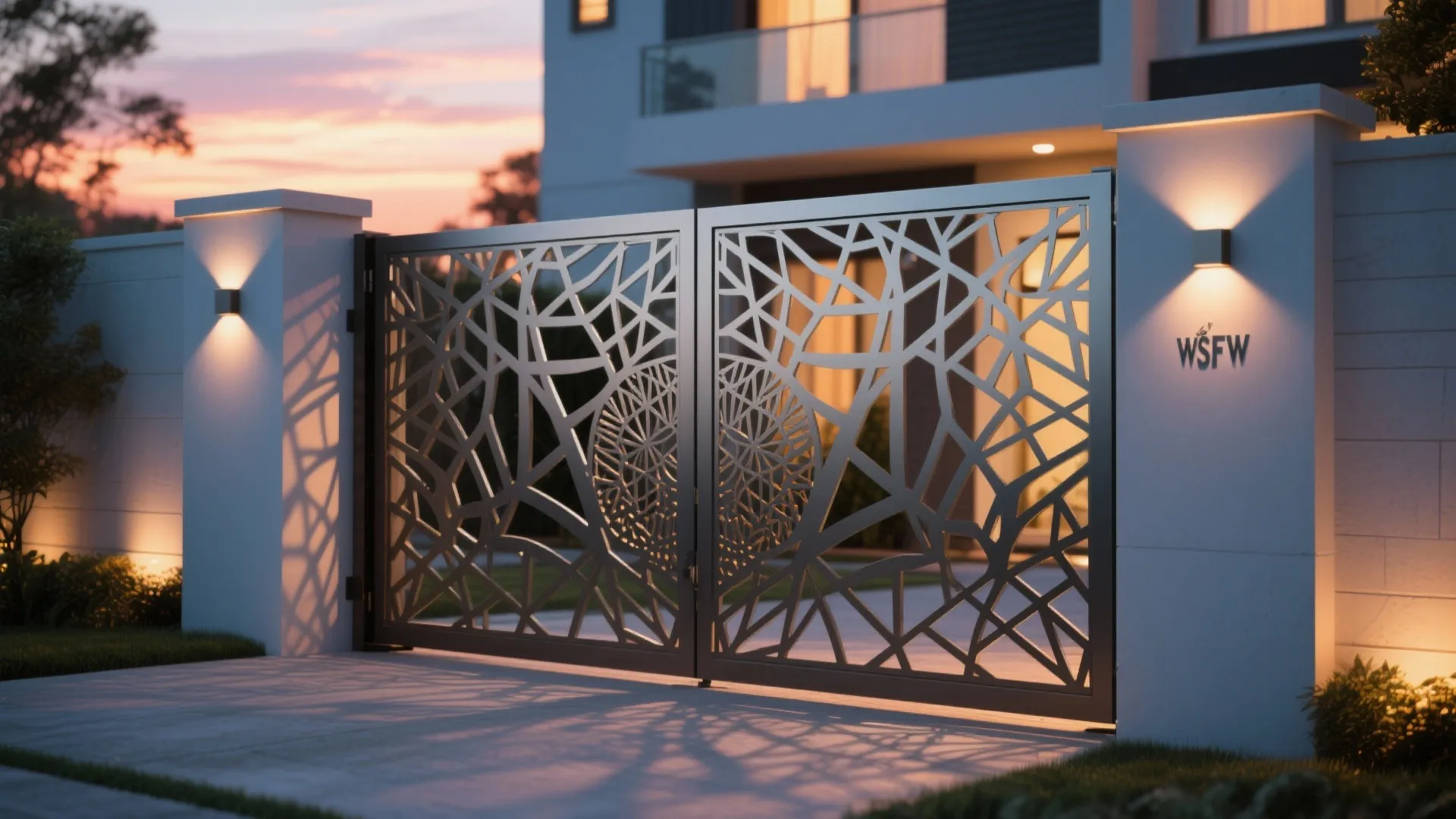 Modern metal driveway gate with complex geometric patterns illuminated by warm wall lights at sunset