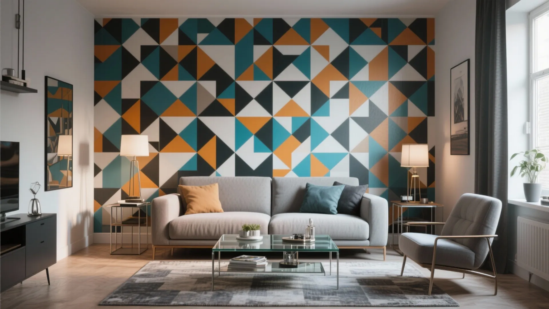 Living room with grey sofa and colorful triangle pattern wall mural and glass coffee table
