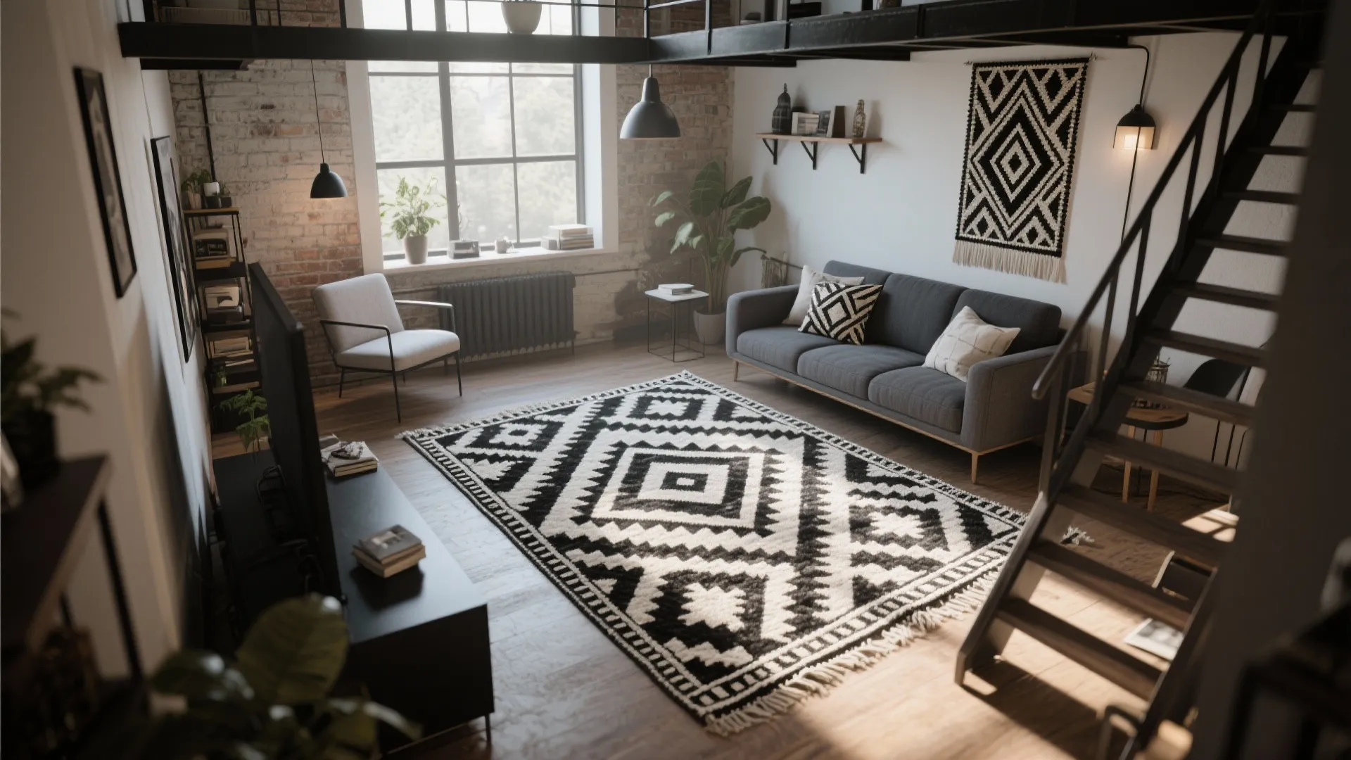 Industrial style loft living room with black and white geometric rug grey sofa and stairs