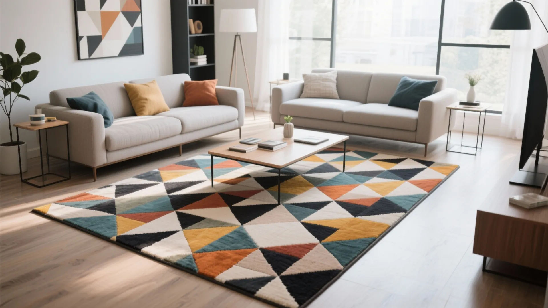 Modern living room with grey sofas wooden coffee table and a colorful geometric triangle pattern rug