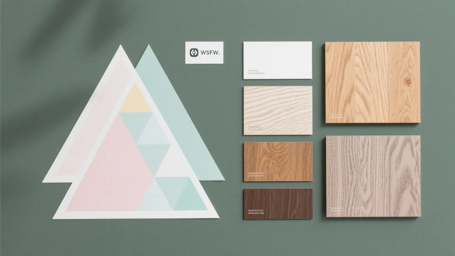 Green background showing colorful triangle patterns and various wooden board samples for interior design projects