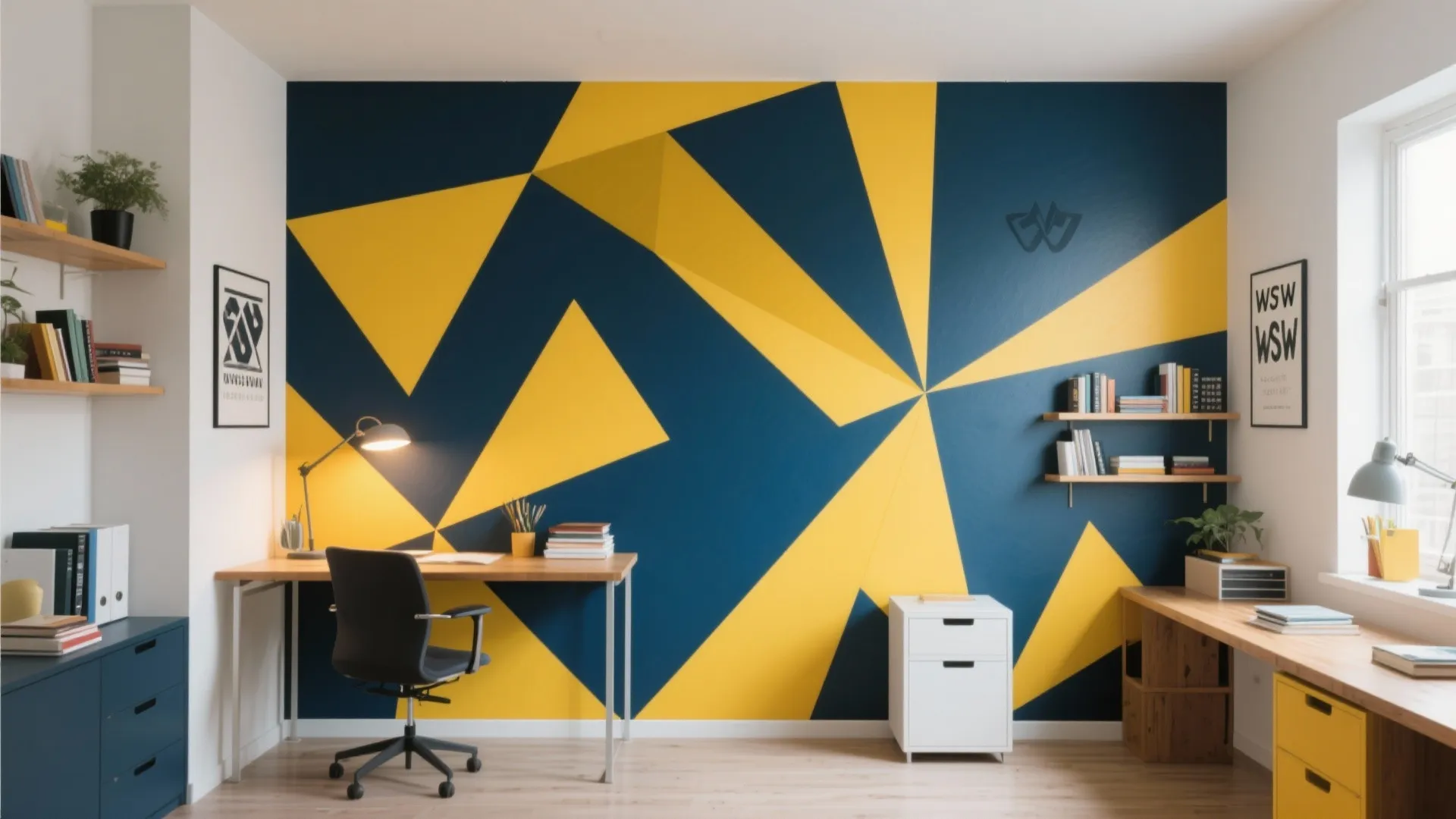 Modern study room with yellow and blue geometric wall paint wooden desk and black chair