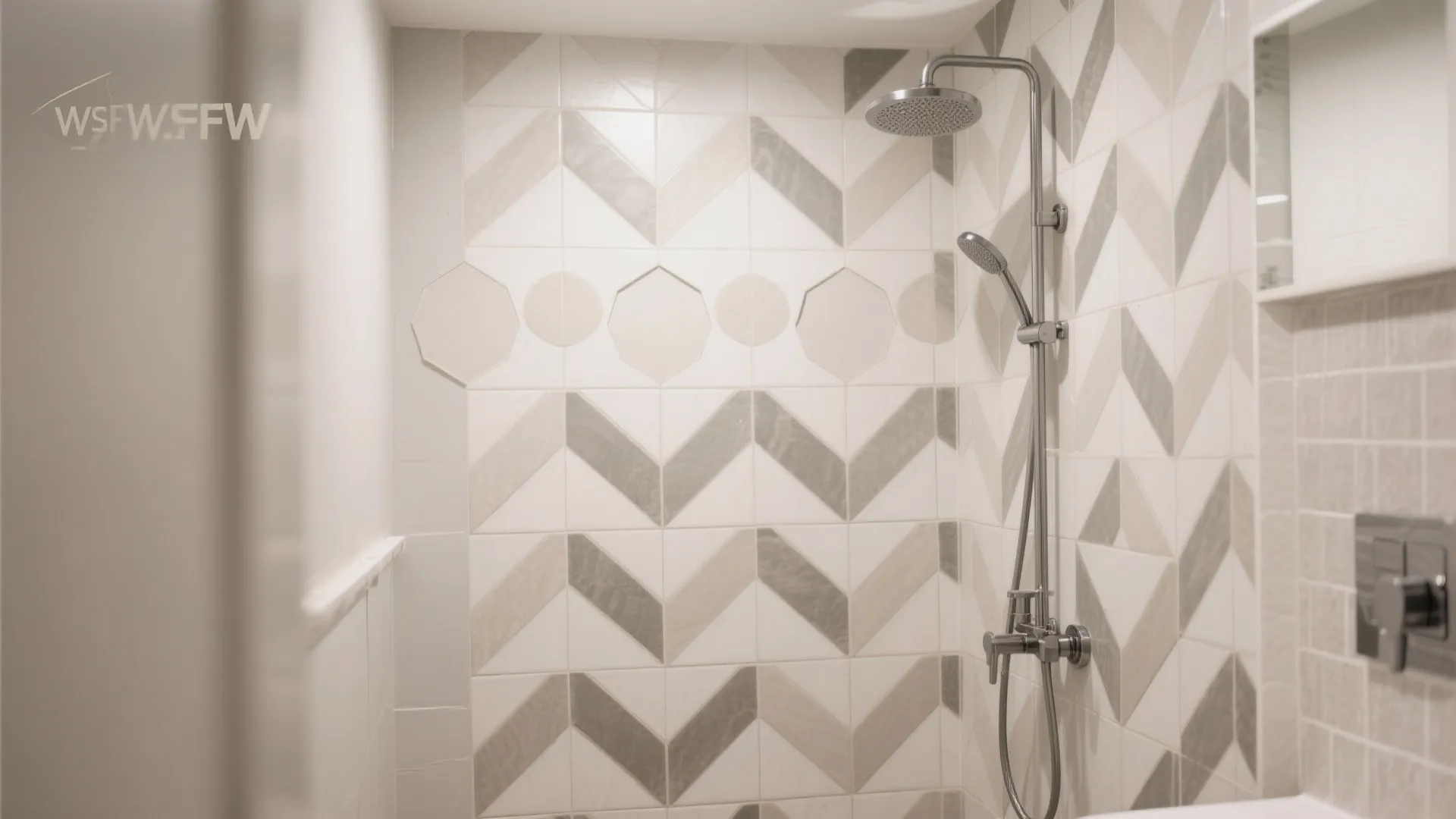 Modern shower area with geometric pattern wall tiles in grey and white and chrome fixtures