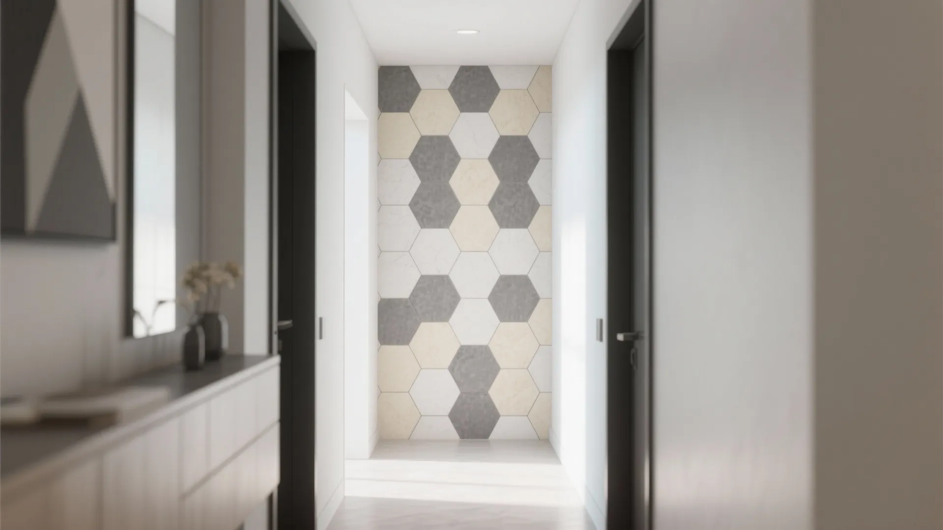 Bright hallway leading to wall with grey and white hexagonal tile patterns next to cabinet
