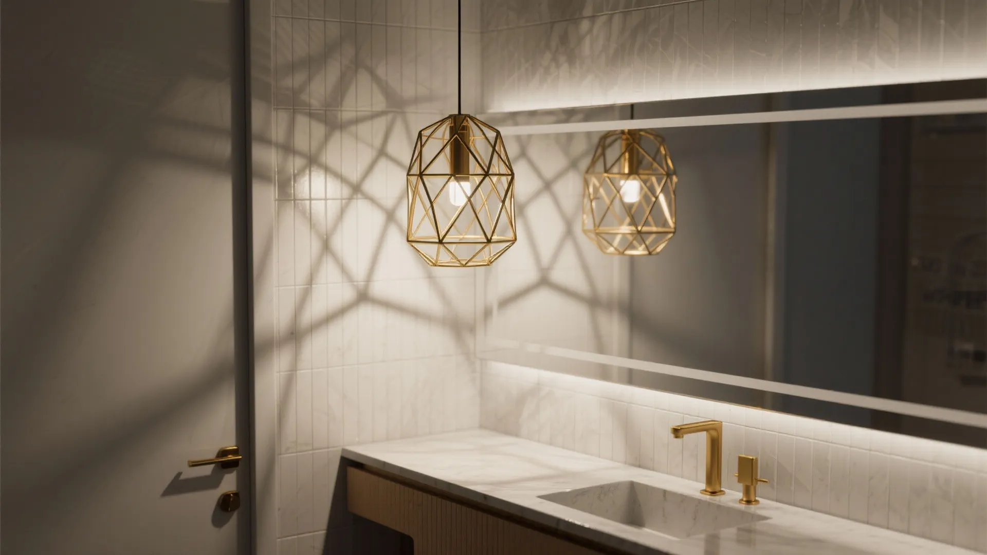 Modern bathroom with gold ceiling light, white marble counter, gold faucet, and large wall mirror