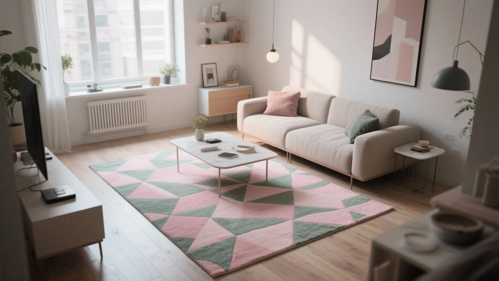 9. Geometric Rugs Blending Both Hues