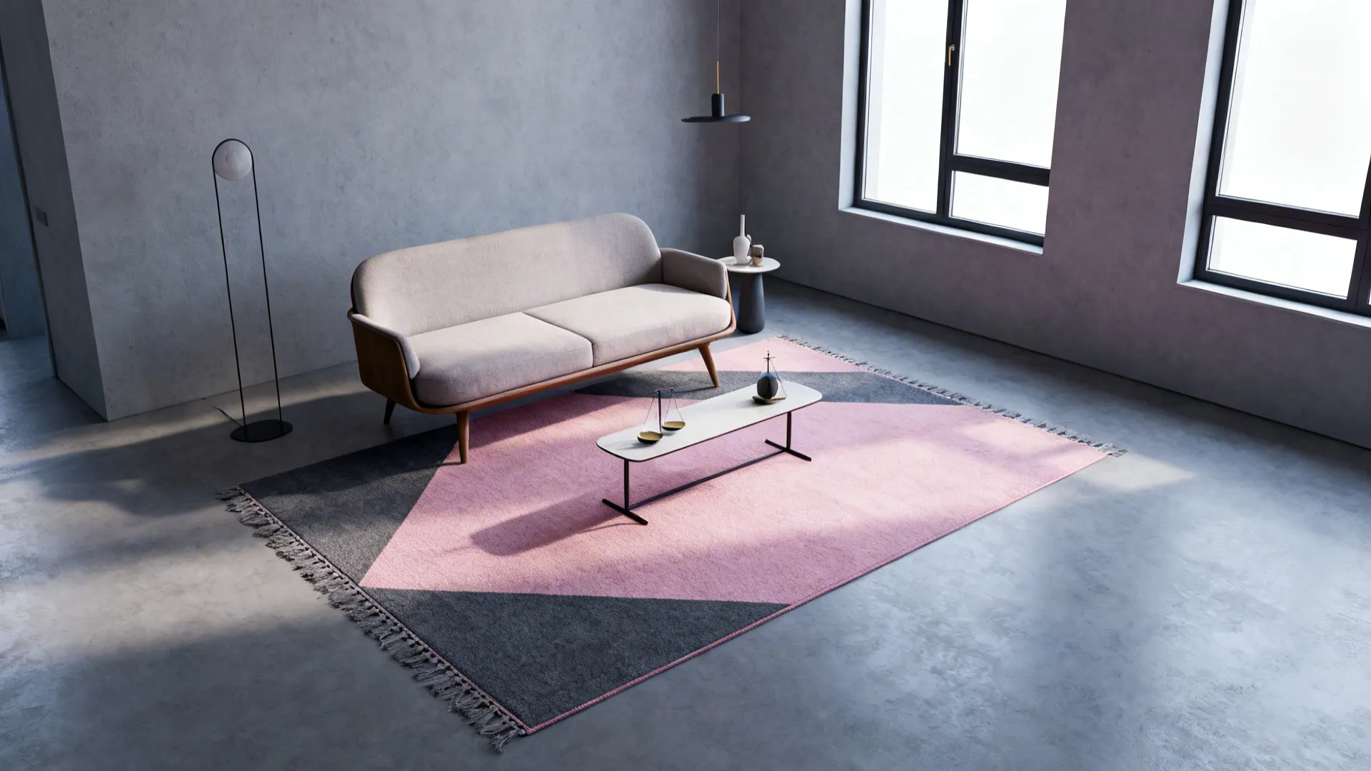 Small modern living room with a geometric pink and slate rug anchoring the seating
