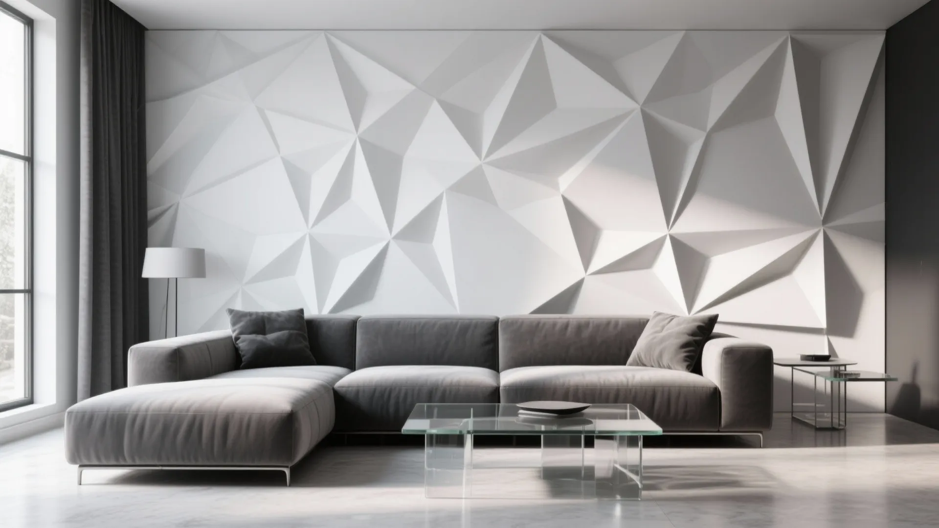 Modern living room featuring a grey sofa and large white geometric 3D wall panel decoration