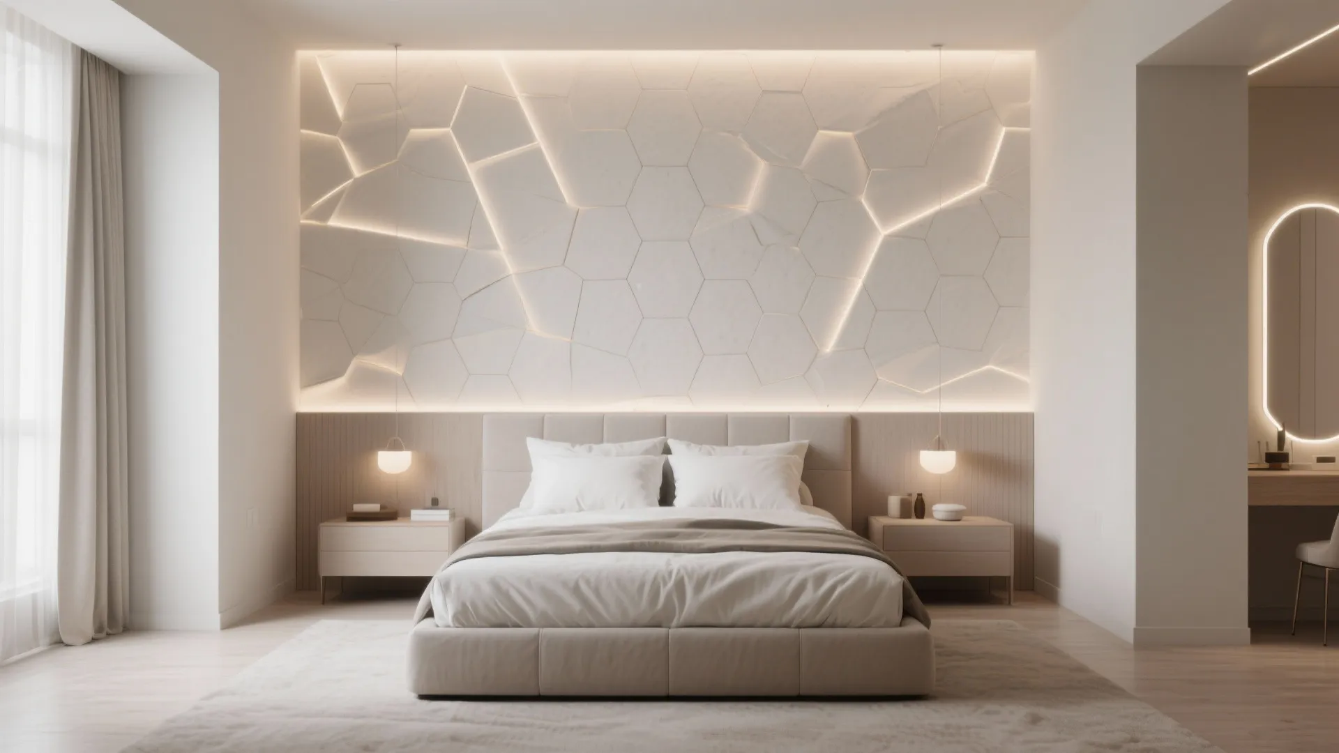 Modern bedroom with geometric wall panels integrated lighting white bed small nightstands and soft natural light