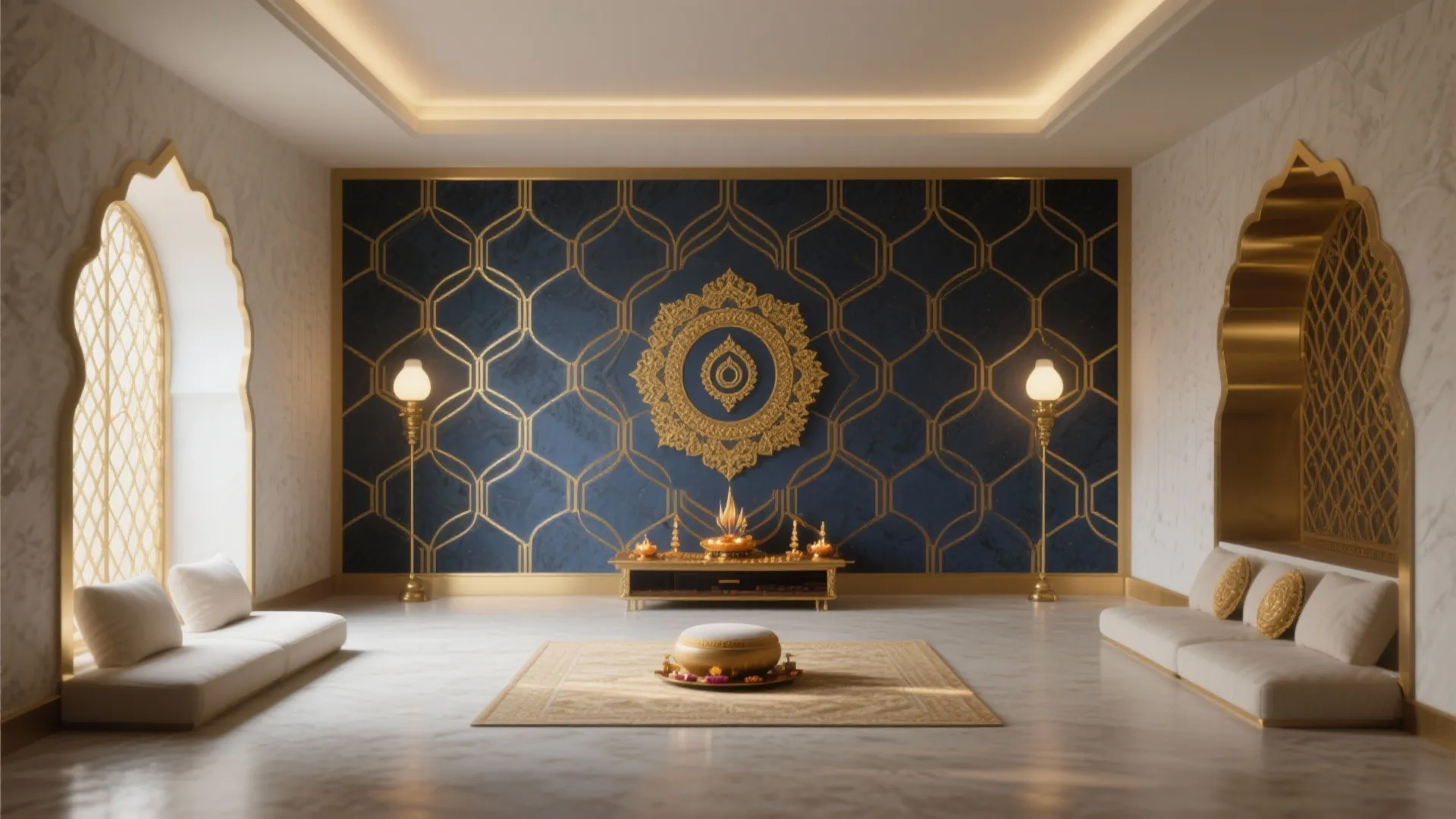 Modern prayer room with blue geometric wall, gold decor, floor sofas, rug, and tall lights