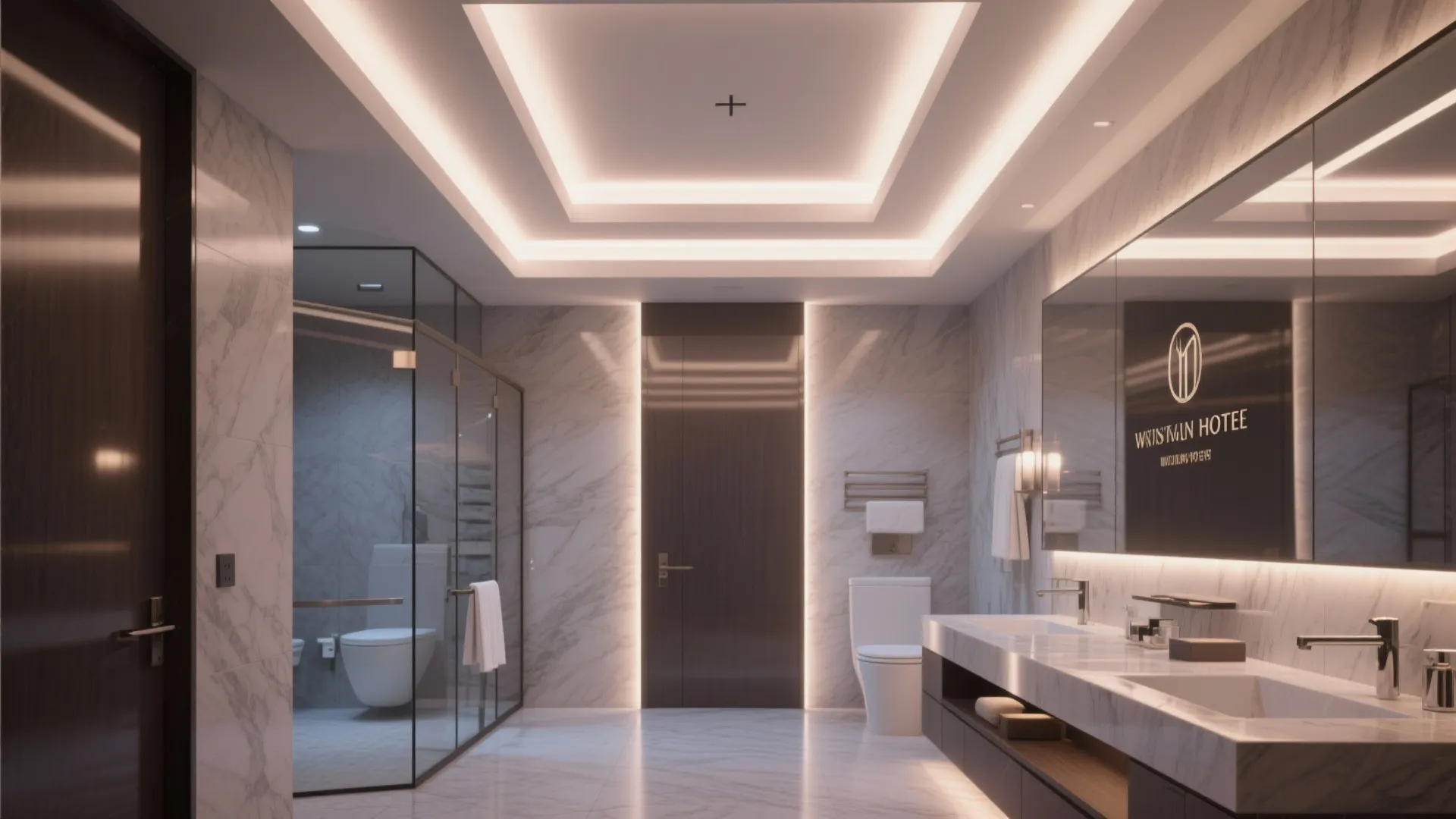 Luxury marble bathroom with double sink vanity and layered ceiling lights and dark wood door