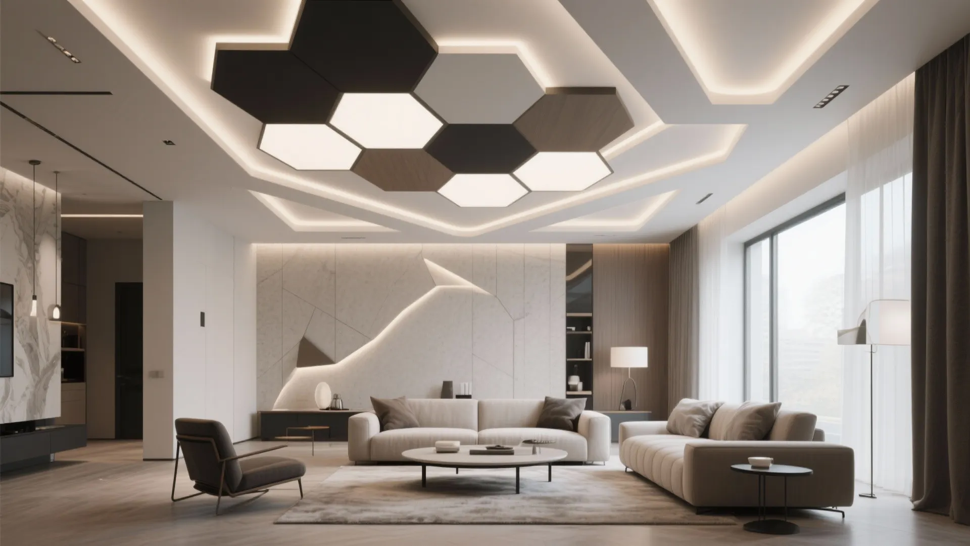 Contemporary living room with a unique honeycomb ceiling light design and comfortable beige sofa set