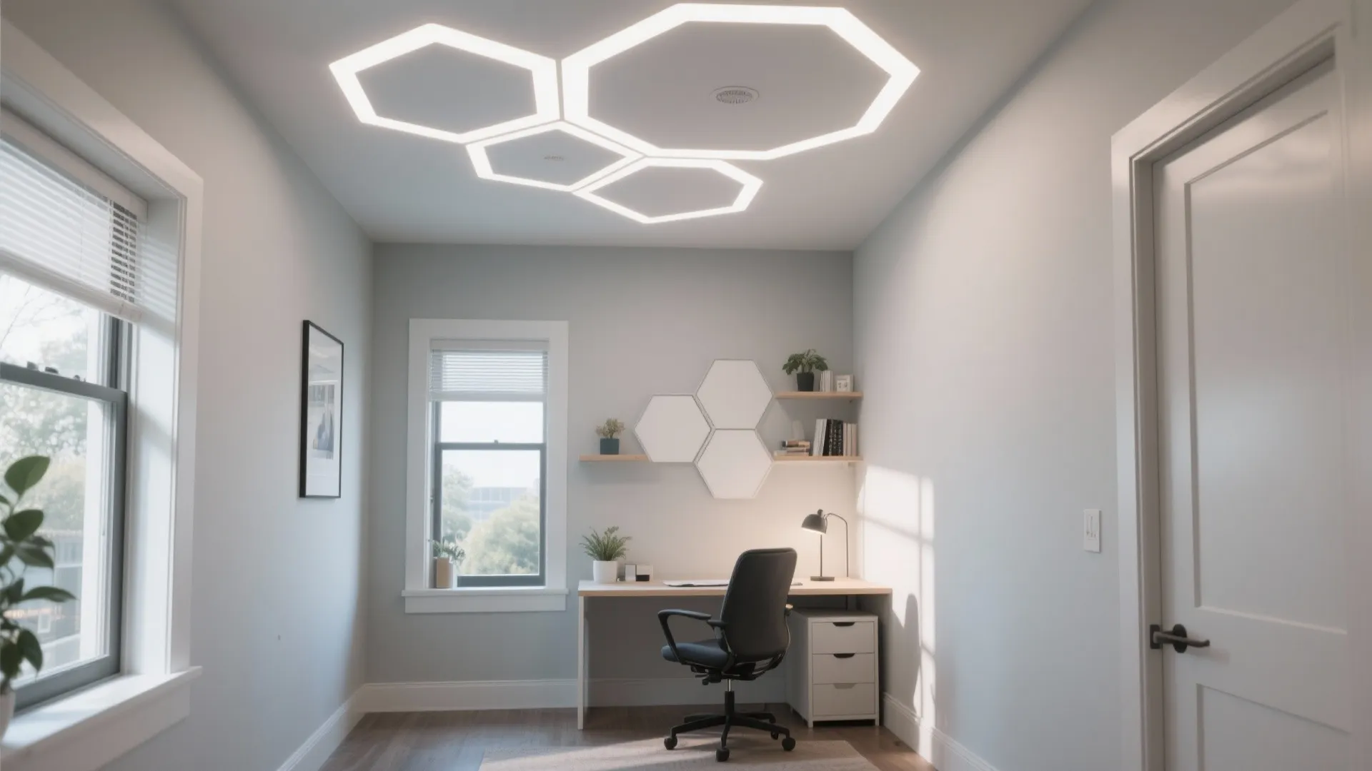 Modern home office with hexagon ceiling light fixtures white desk black chair and wall shelves