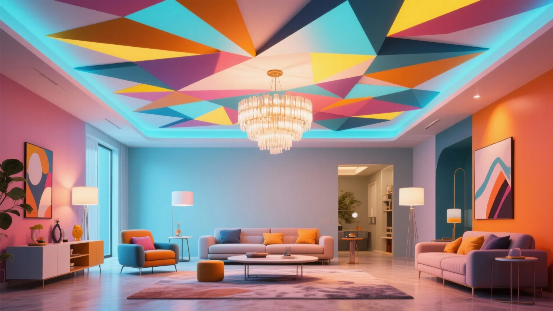 Colorful living room featuring multi colored geometric ceiling, crystal ceiling light, and blue pink walls