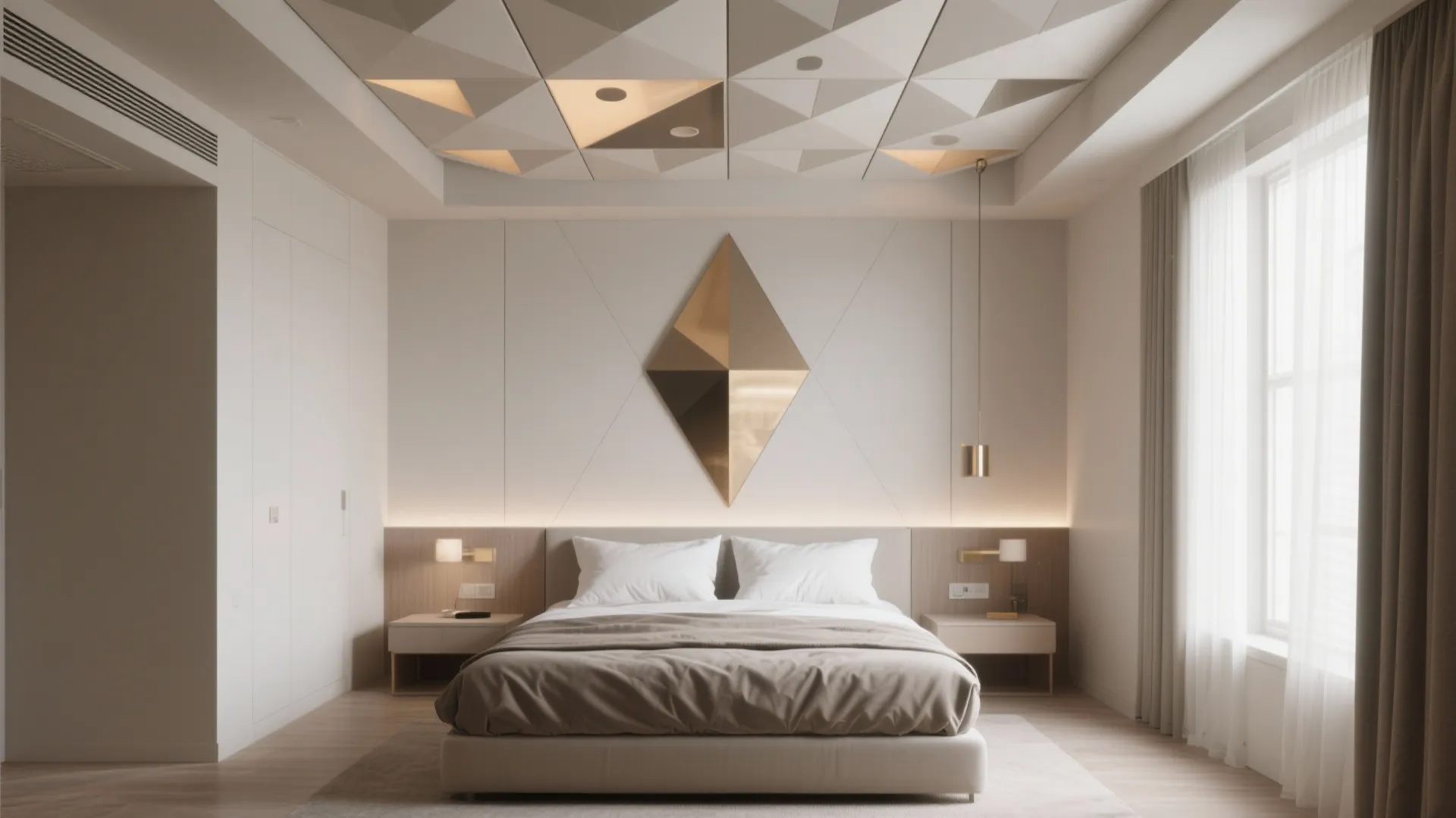Modern minimalist bedroom with geometric ceiling design, gold wall decor, large bed, and neutral colors