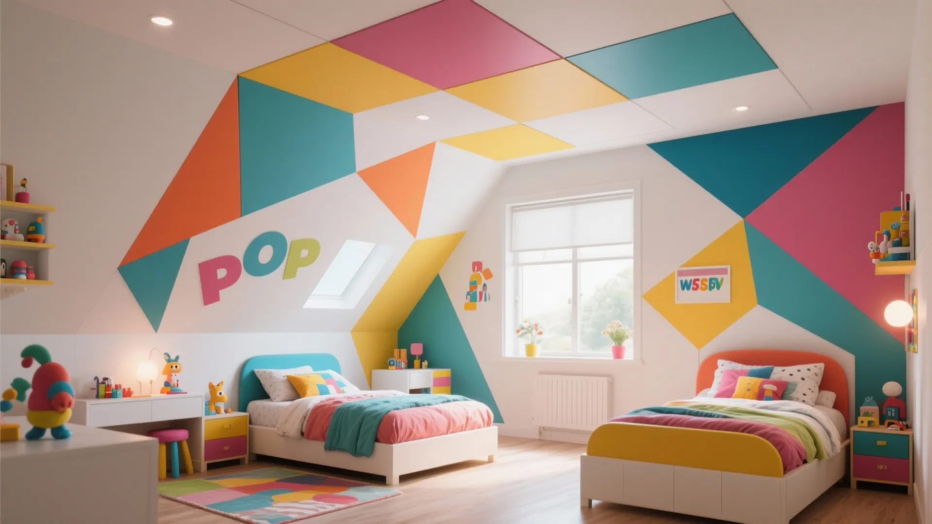 Bright kids bedroom featuring colorful geometric ceiling and wall designs with two beds and windows