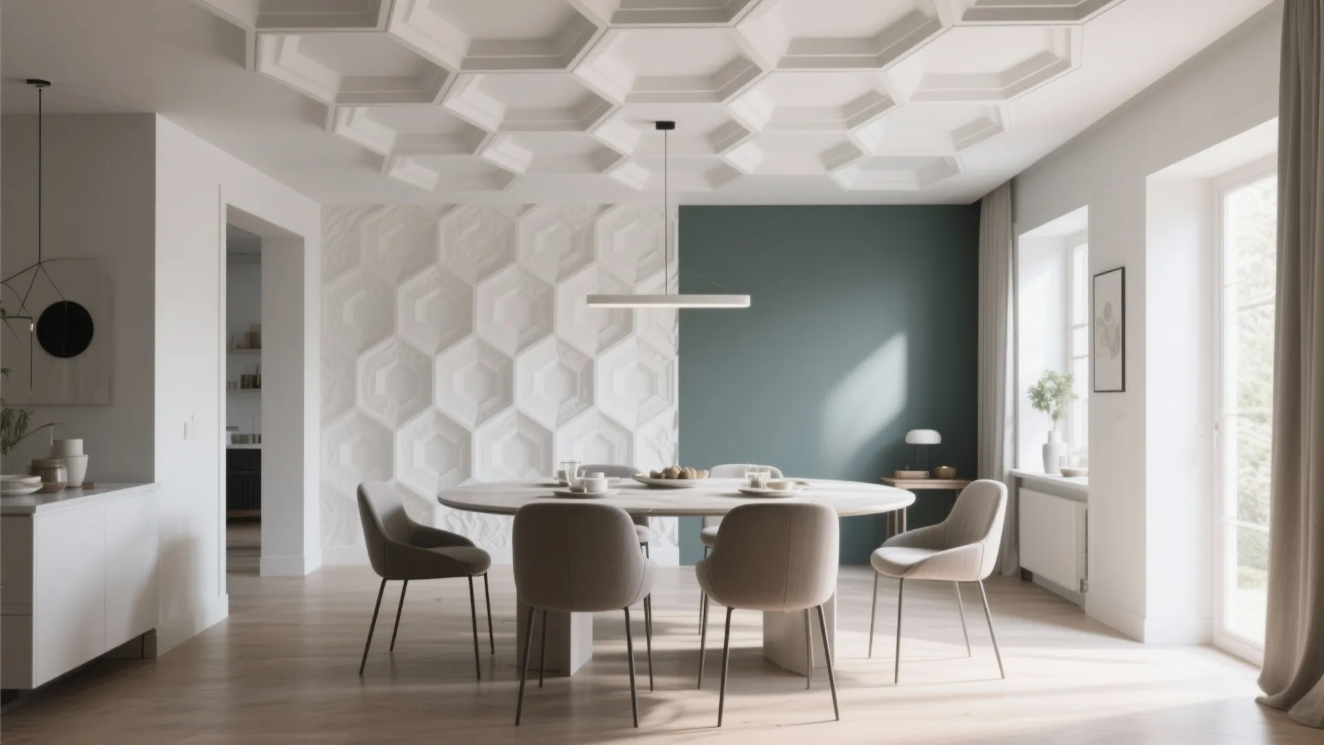 Minimalist dining room with honeycomb ceiling pattern white wall panel and round marble dining table
