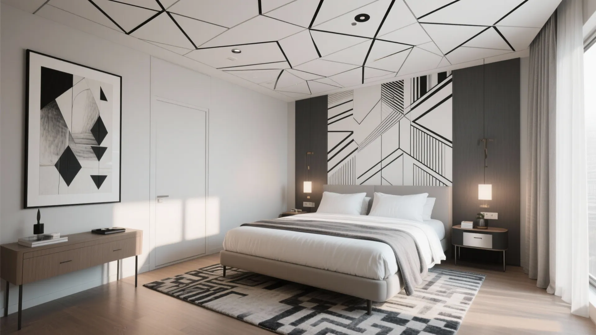 Stylish bedroom with black geometric lines on white ceiling matching wall art and grey carpet