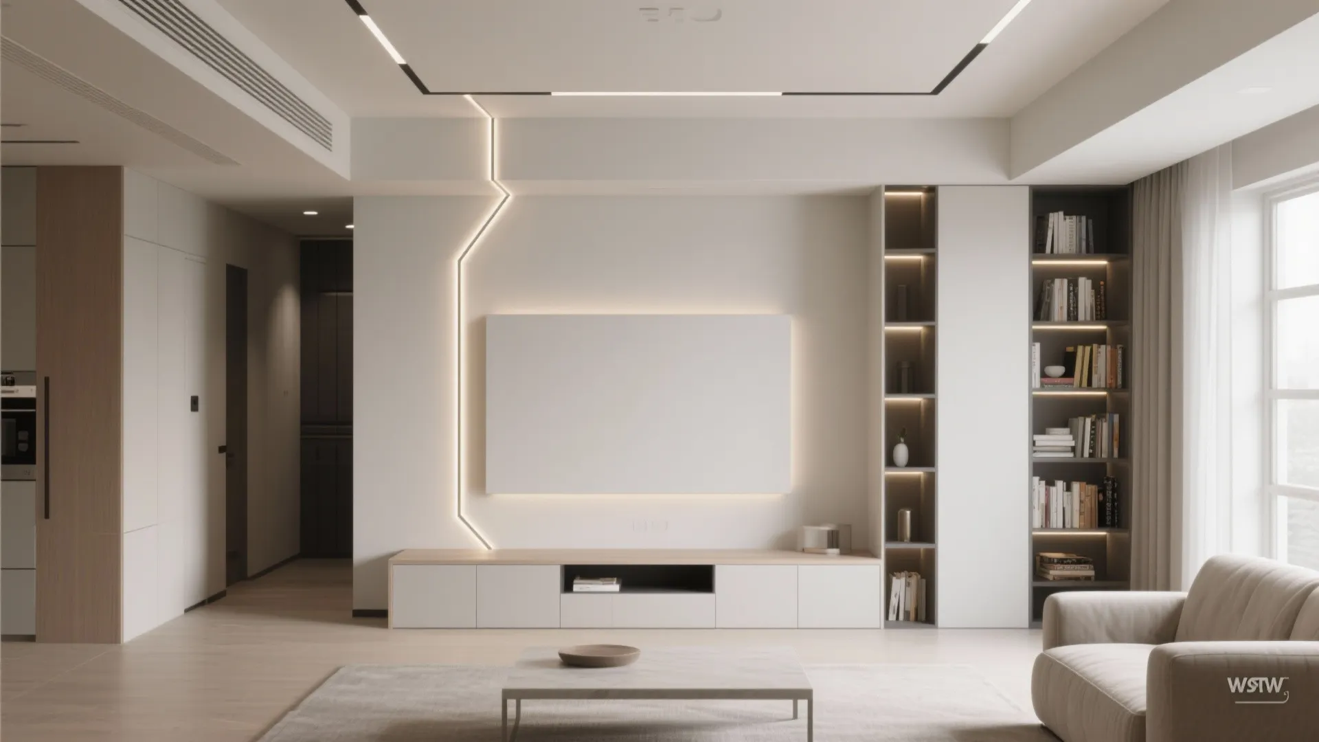 Geometric POP ceiling lines with integrated storage cues
