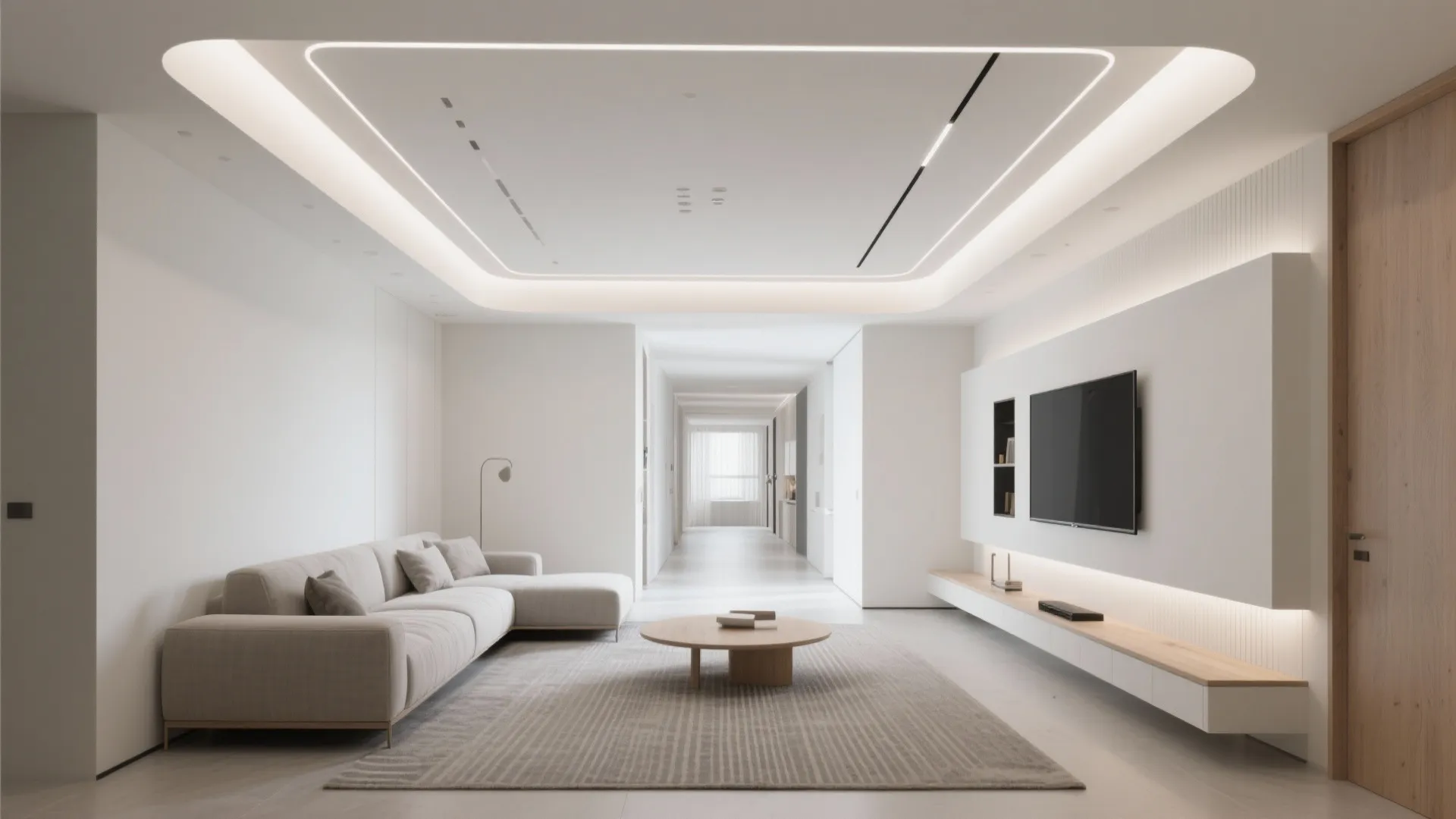 Modern white living room with grey sofa wooden coffee table television and bright ceiling light