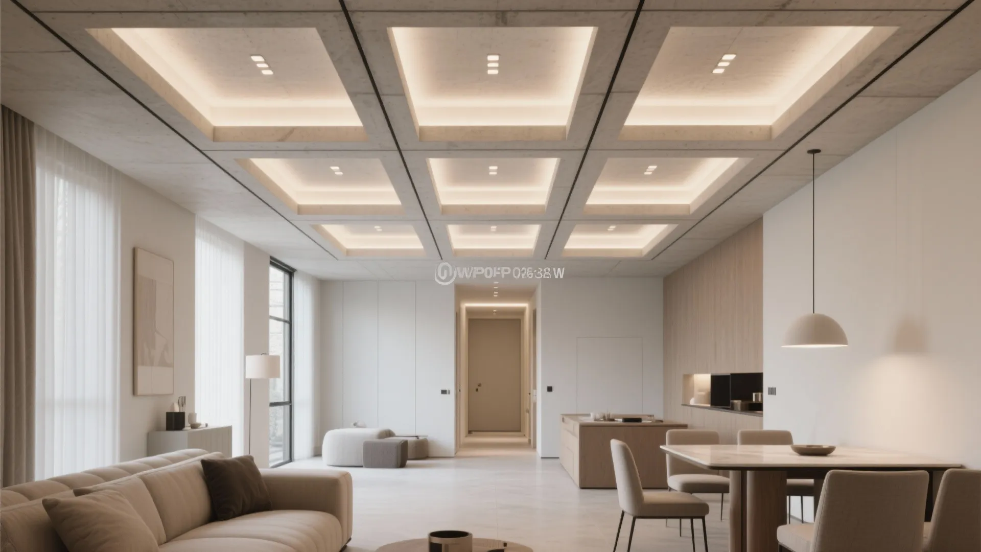 Minimalist open plan room with sofa dining table and a ceiling featuring recessed square light panels