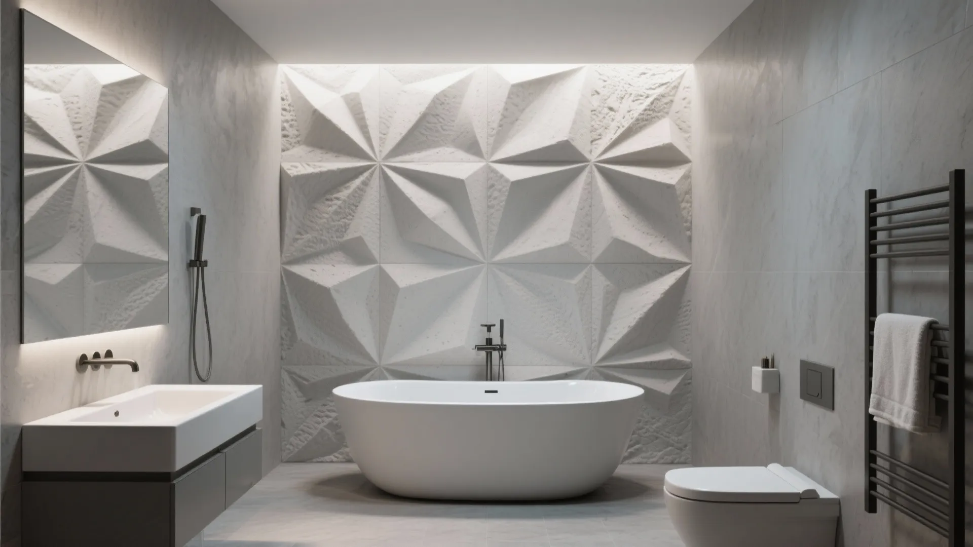 Modern bathroom with white bathtub, sink, toilet, towel rack, and textured 3D geometric white panels