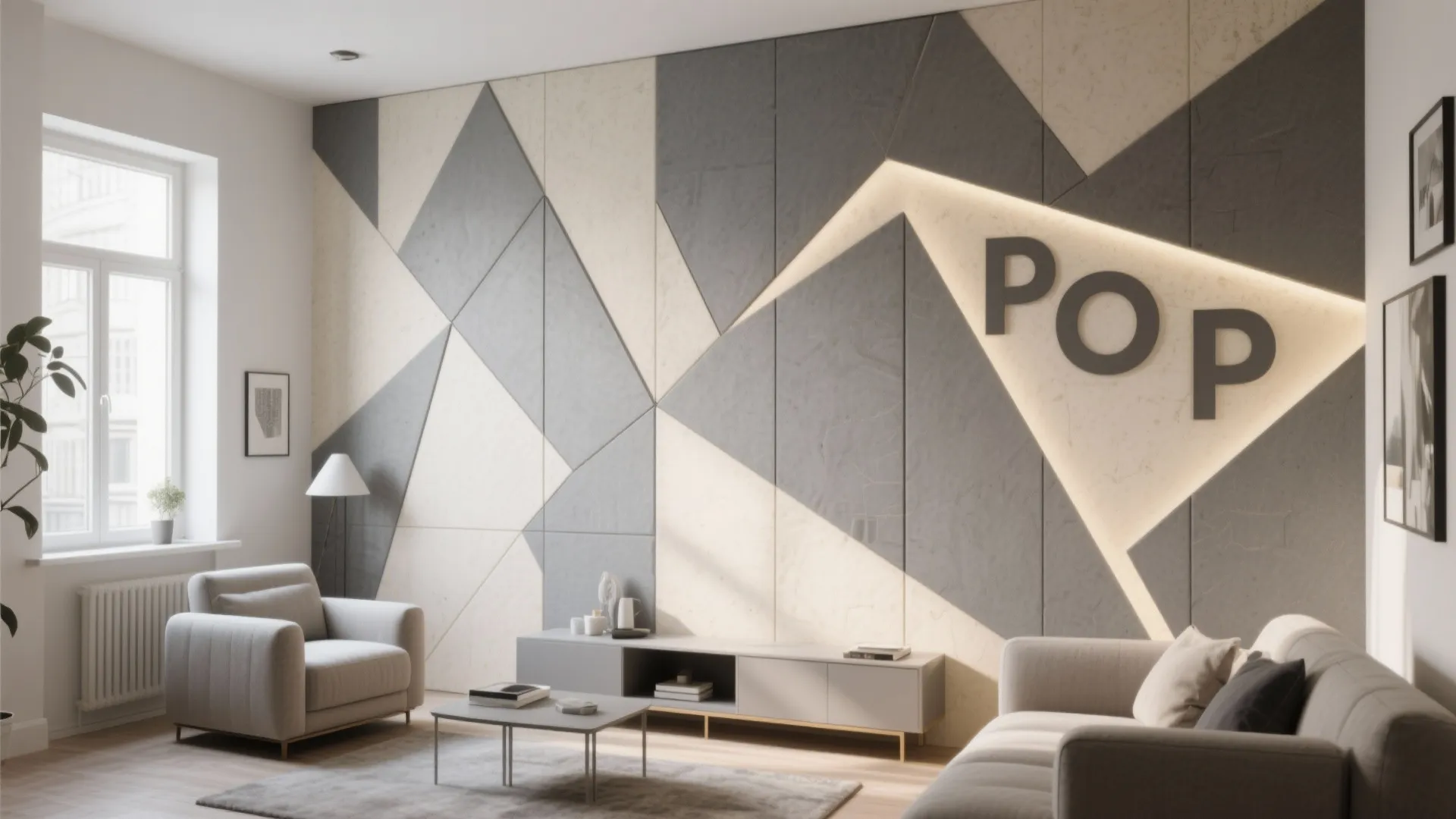 Minimalist living room with grey geometric wall panels and built in lighting for modern style